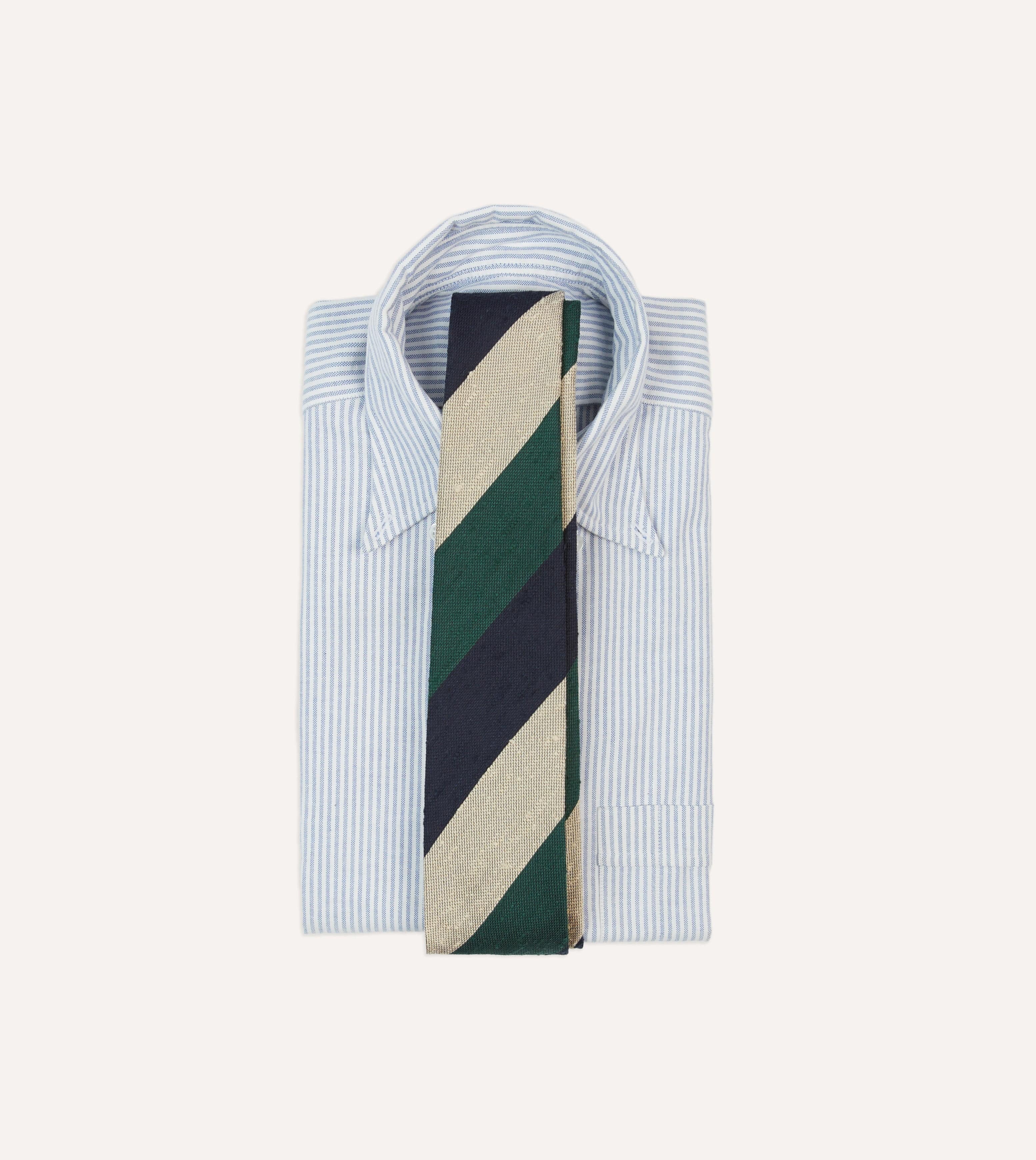 Navy, Green and Ecru Block Stripe Shantung Silk Tie - Image 2