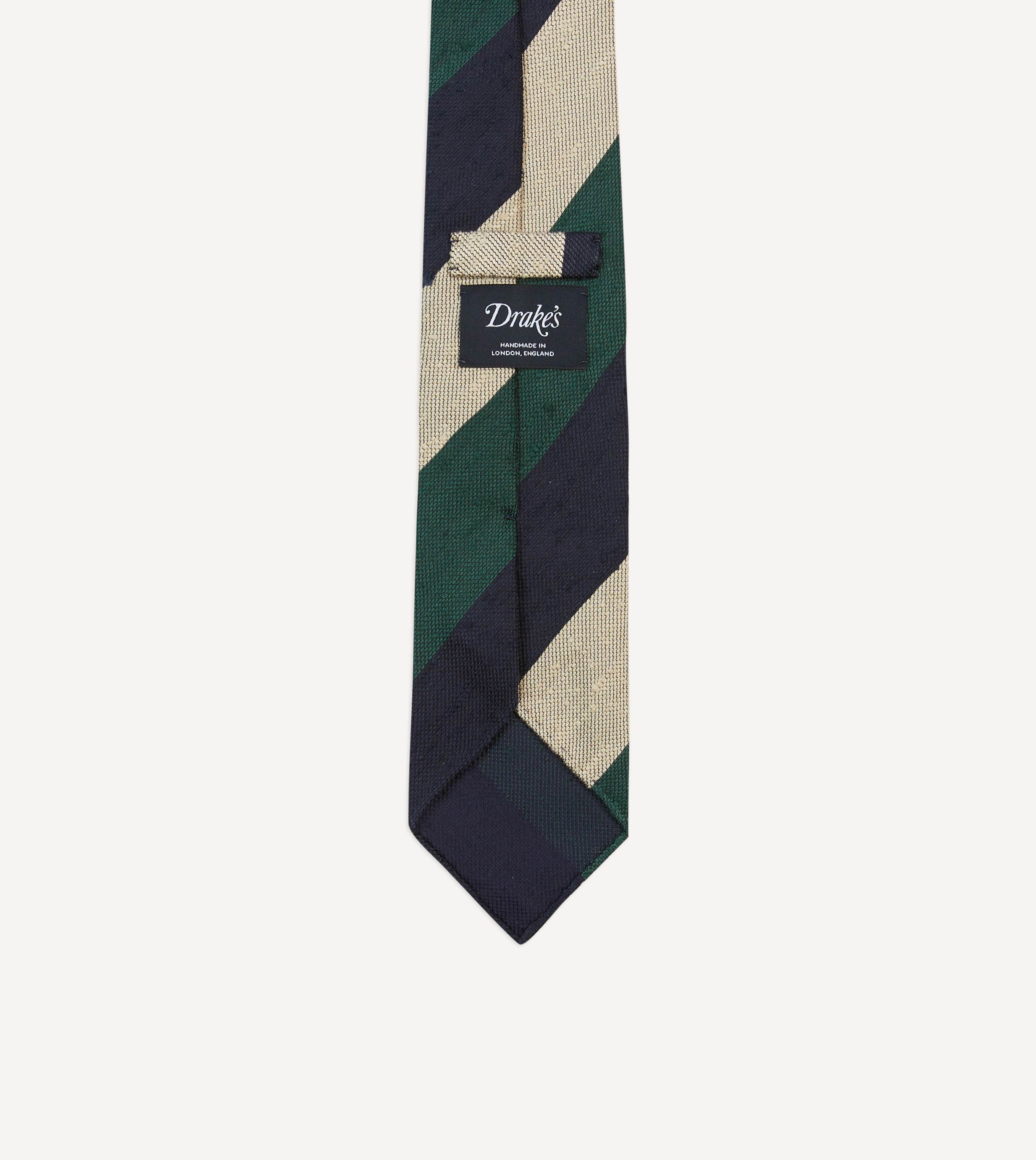 Navy, Green and Ecru Block Stripe Shantung Silk Tie - Image 4
