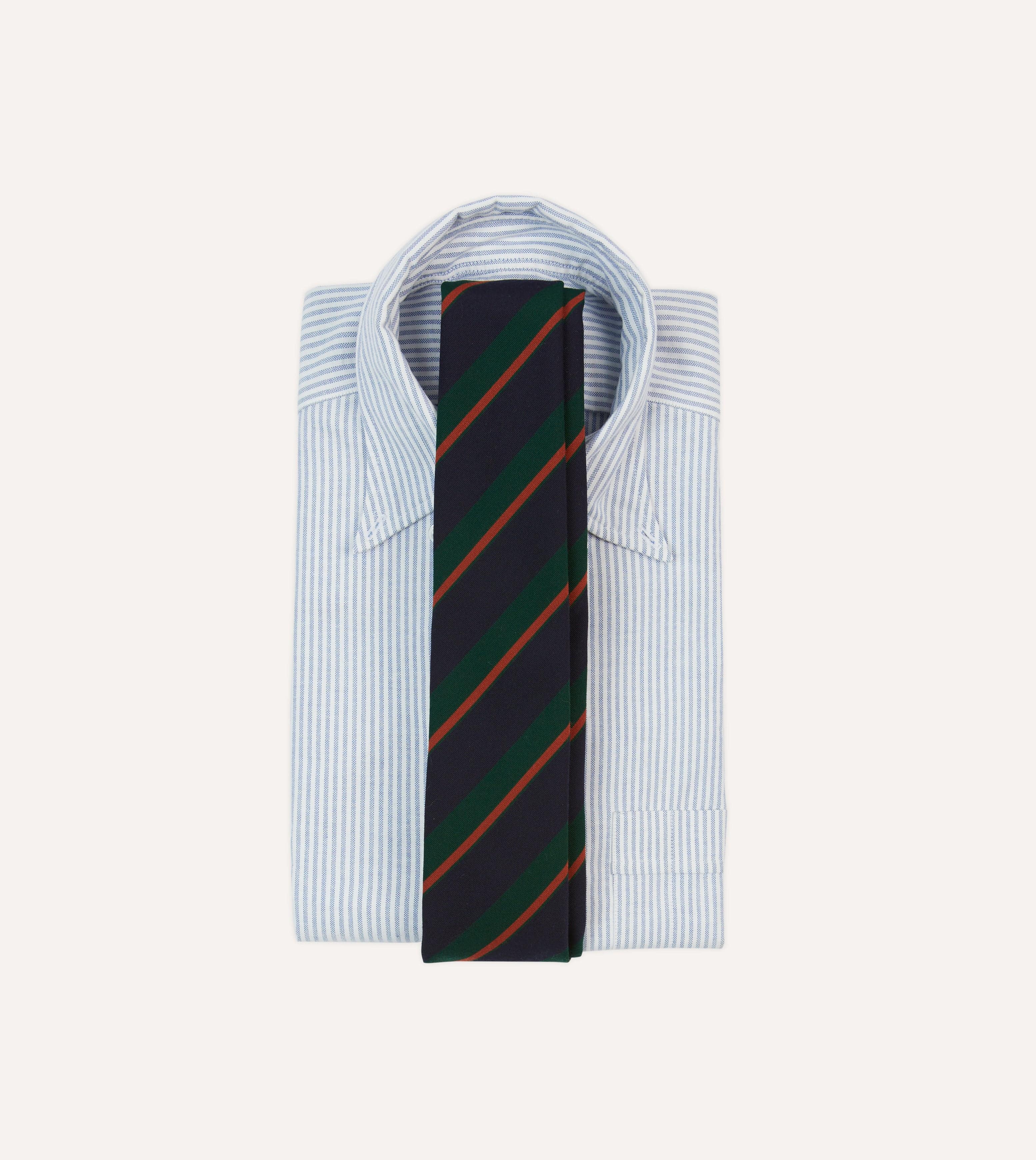 Navy, Green and Orange Stripe Mogador Wool Cotton Hand Rolled Tie - Image 2