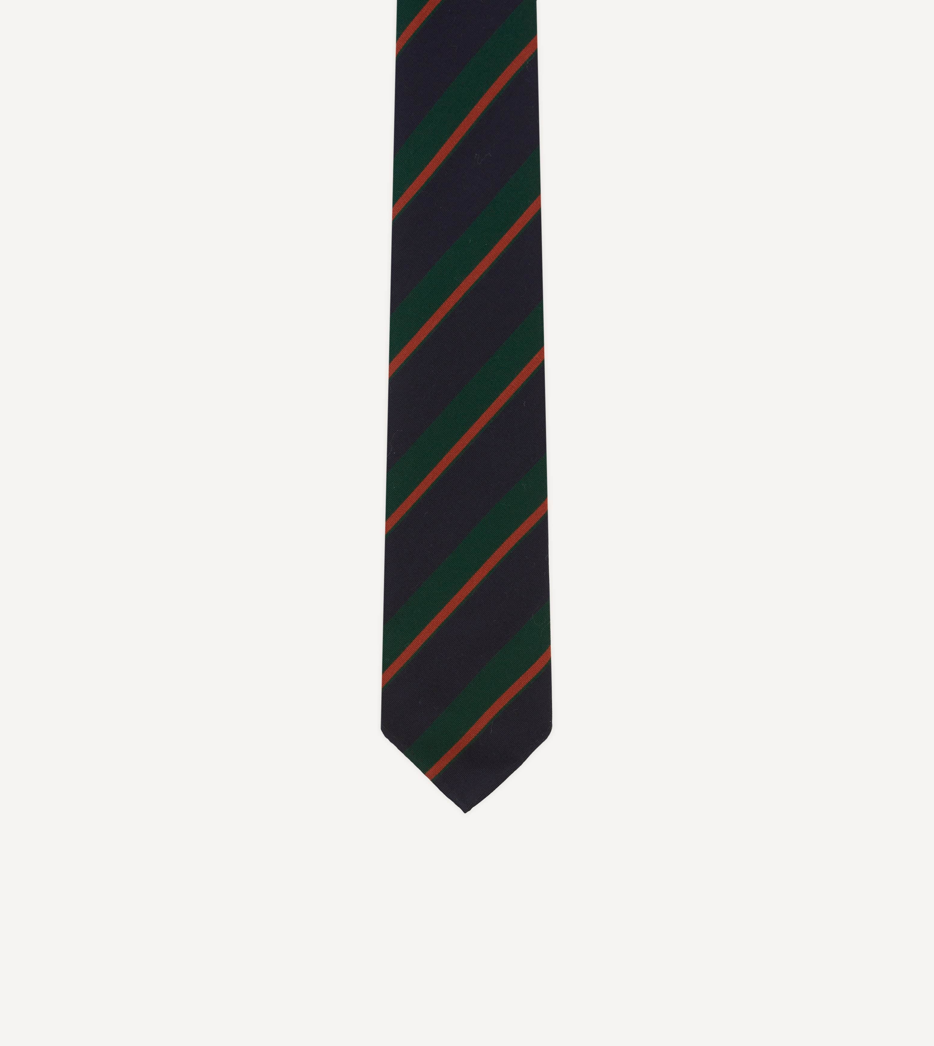 Navy, Green and Orange Stripe Mogador Wool Cotton Hand Rolled Tie - Image 3