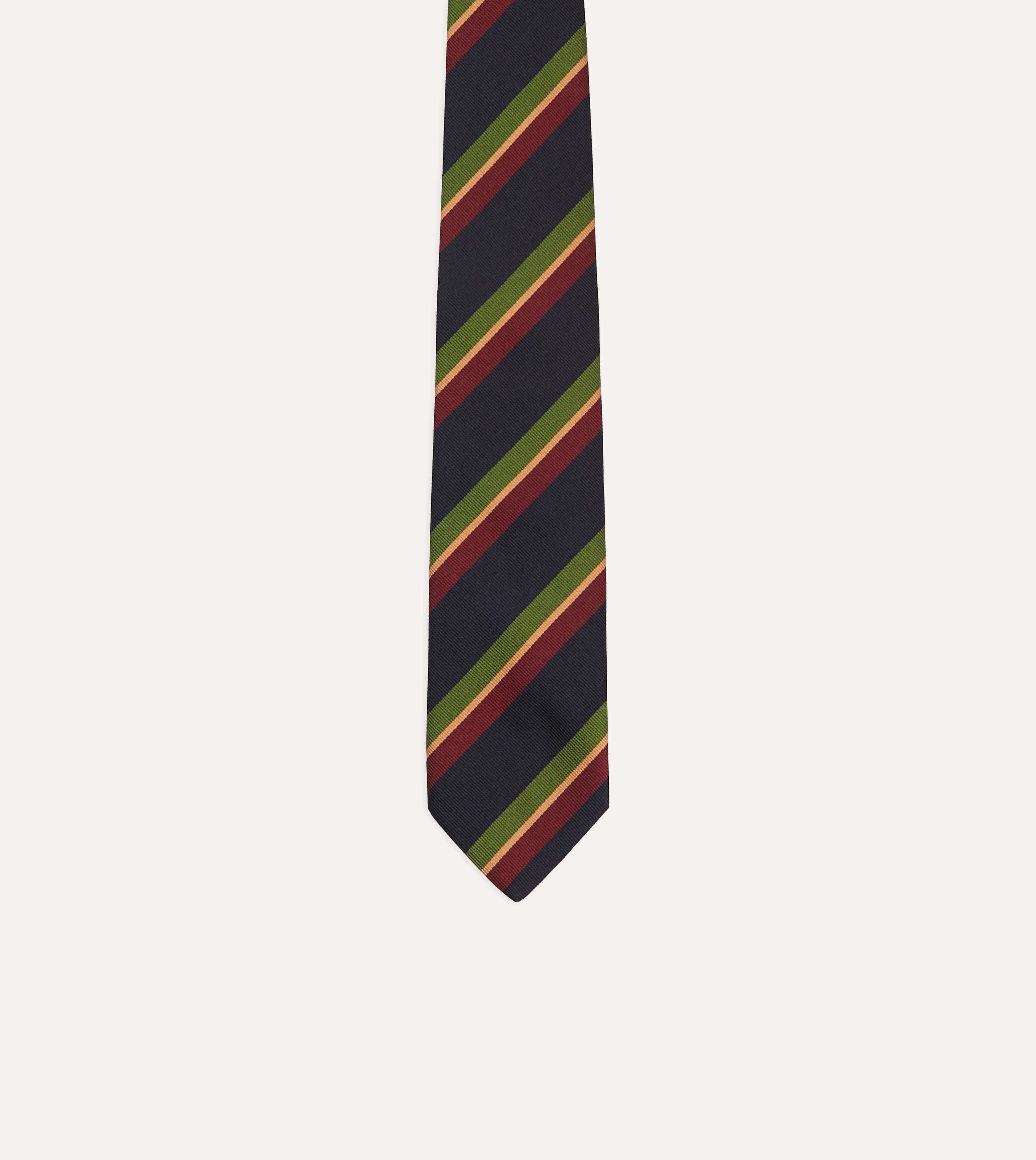 Navy, Green and Red Sandwich Stripe Repp Silk Tipped Tie - Image 3