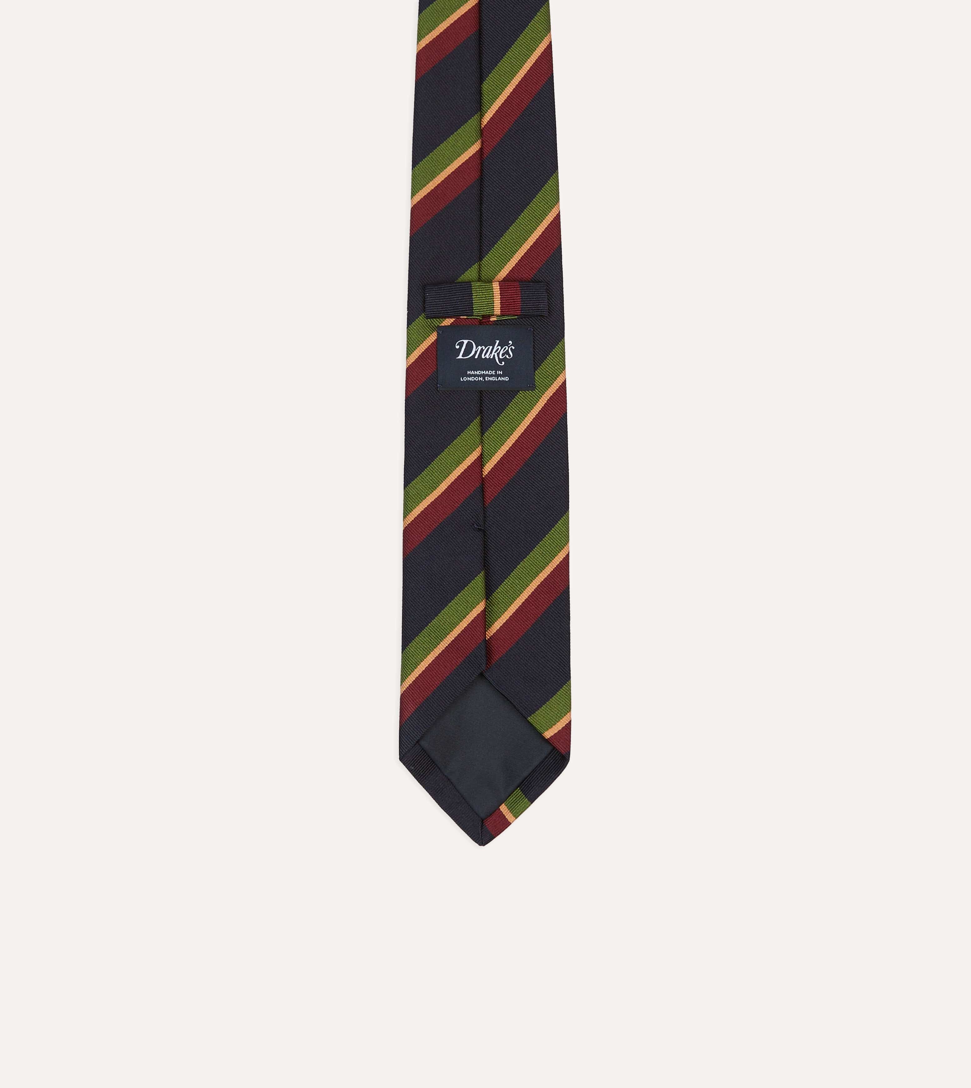 Navy, Green and Red Sandwich Stripe Repp Silk Tipped Tie - Image 4