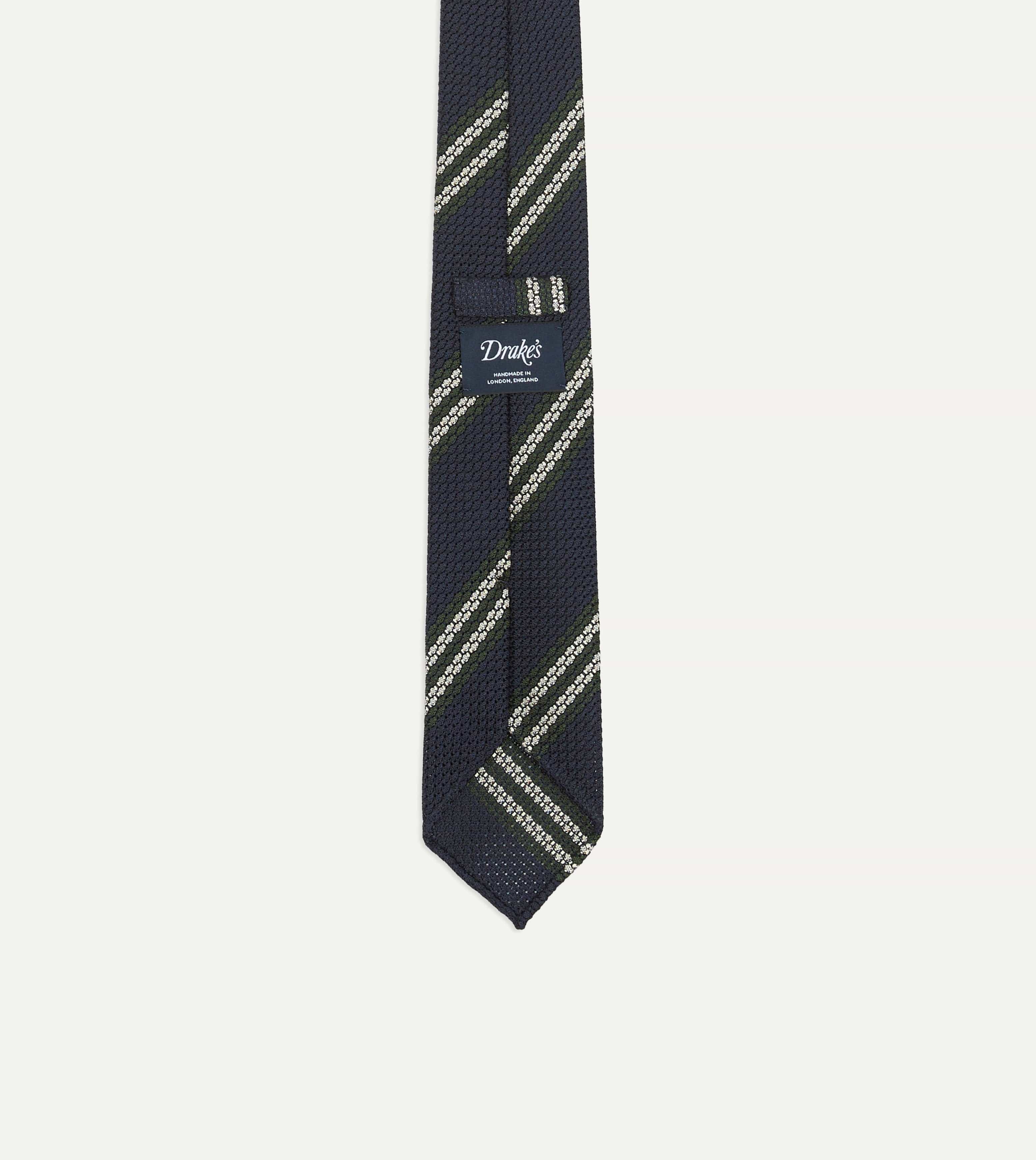 Navy, Green and White Double Stripe Silk Grenadine Tie - Image 3