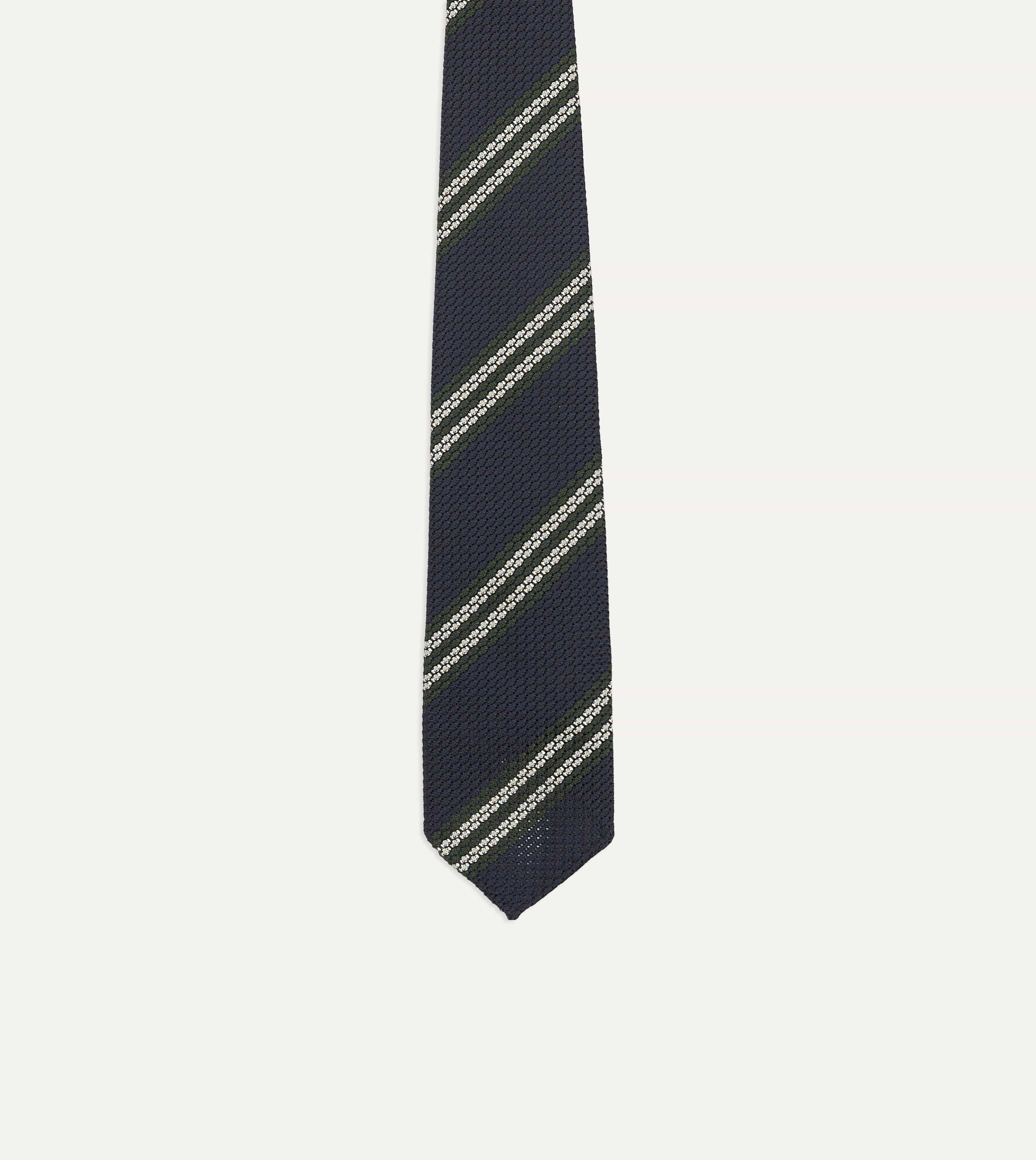 Navy, Green and White Double Stripe Silk Grenadine Tie - Image 4