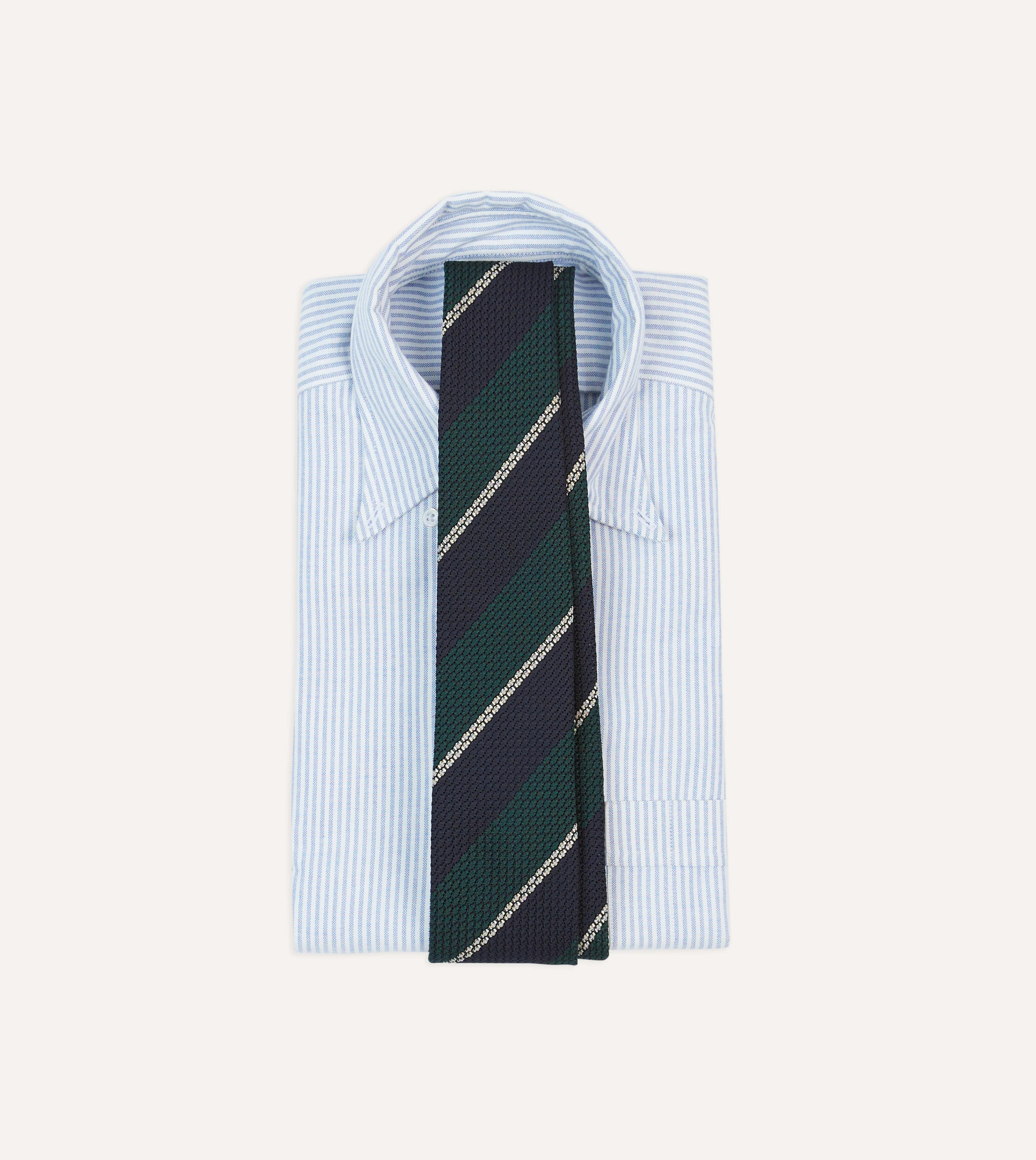 Navy, Green and White Multi Stripe Hand Rolled Silk Grenadine Tie - Image 2