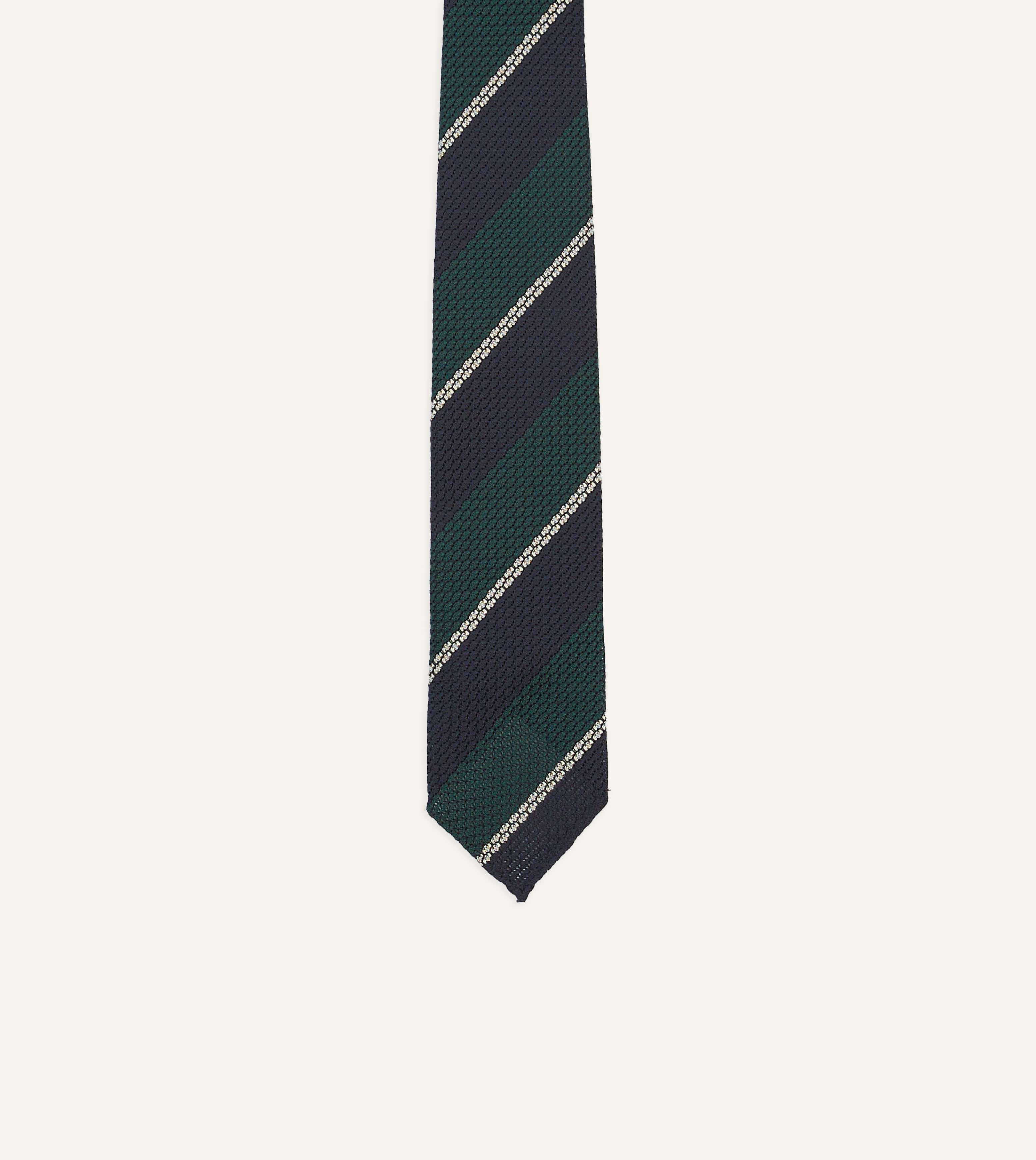 Navy, Green and White Multi Stripe Hand Rolled Silk Grenadine Tie - Image 3