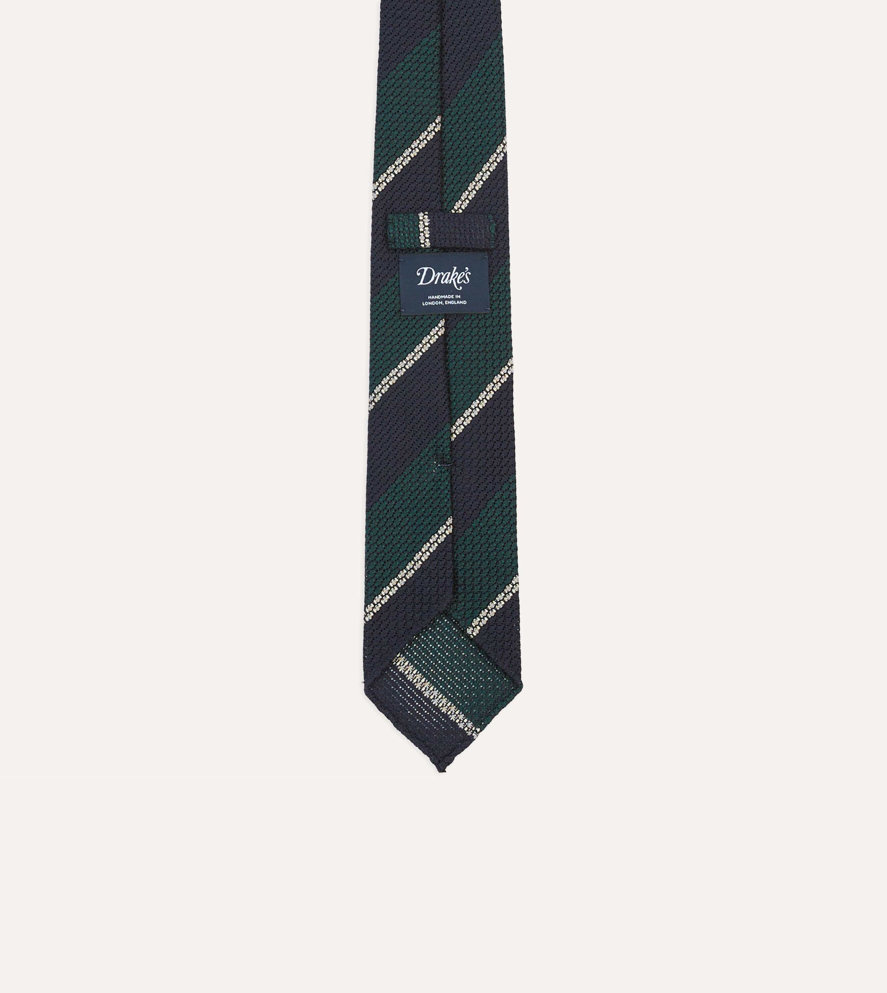 Navy, Green and White Multi Stripe Hand Rolled Silk Grenadine Tie - Image 4
