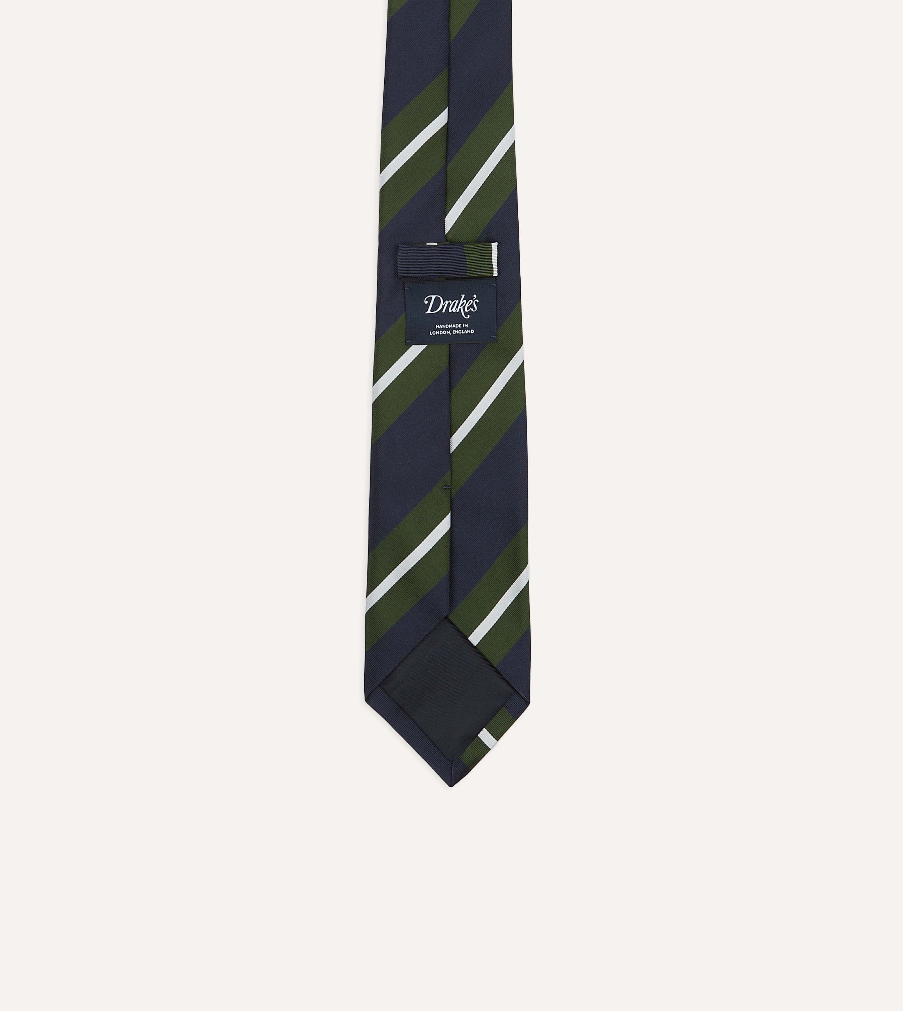 Navy, Green and White Regimental Stripe Mogador Tipped Tie - Image 3