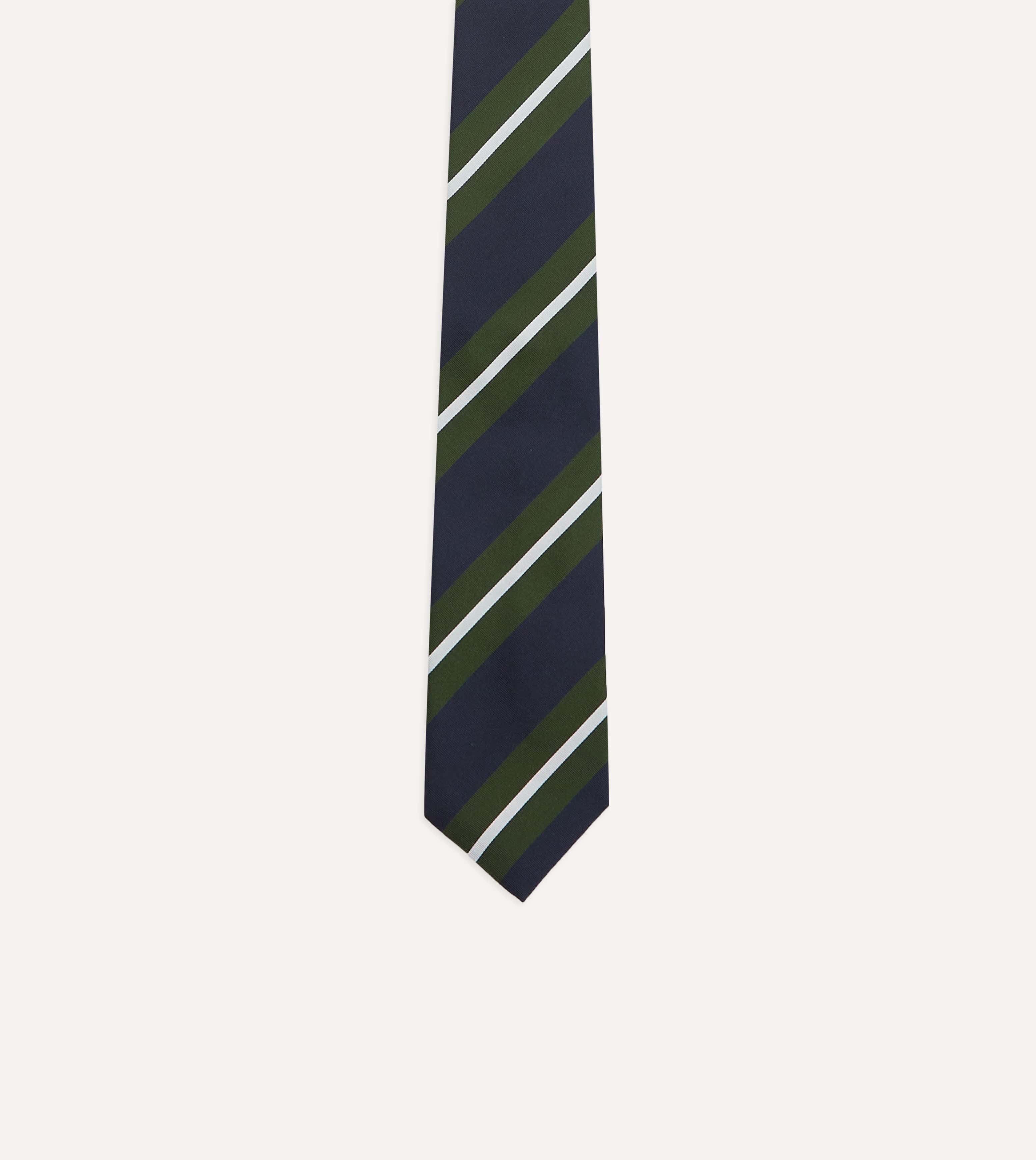 Navy, Green and White Regimental Stripe Mogador Tipped Tie - Image 4
