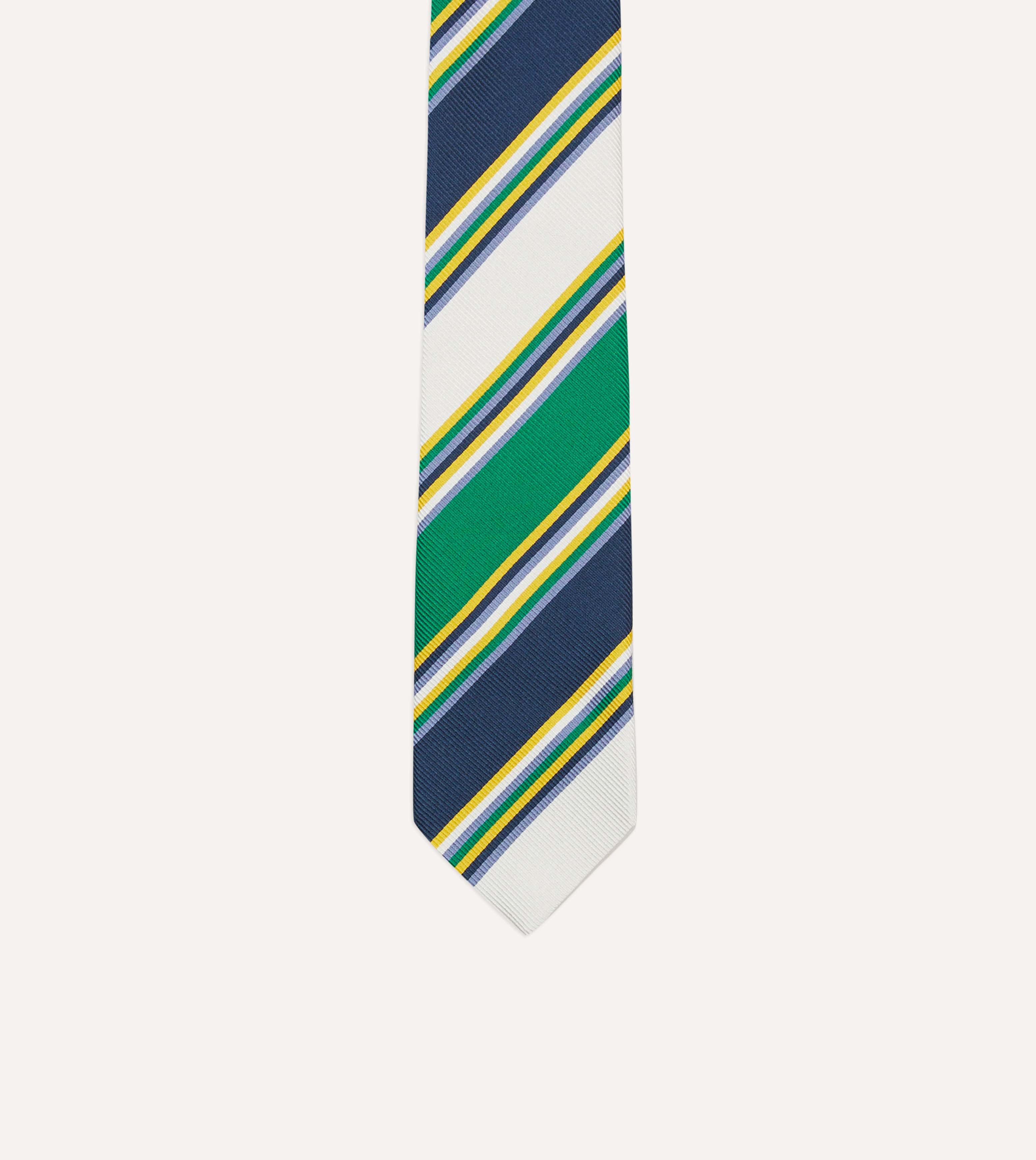 Navy, Green and White Stripe Mogador Silk Tipped Tie - Image 3