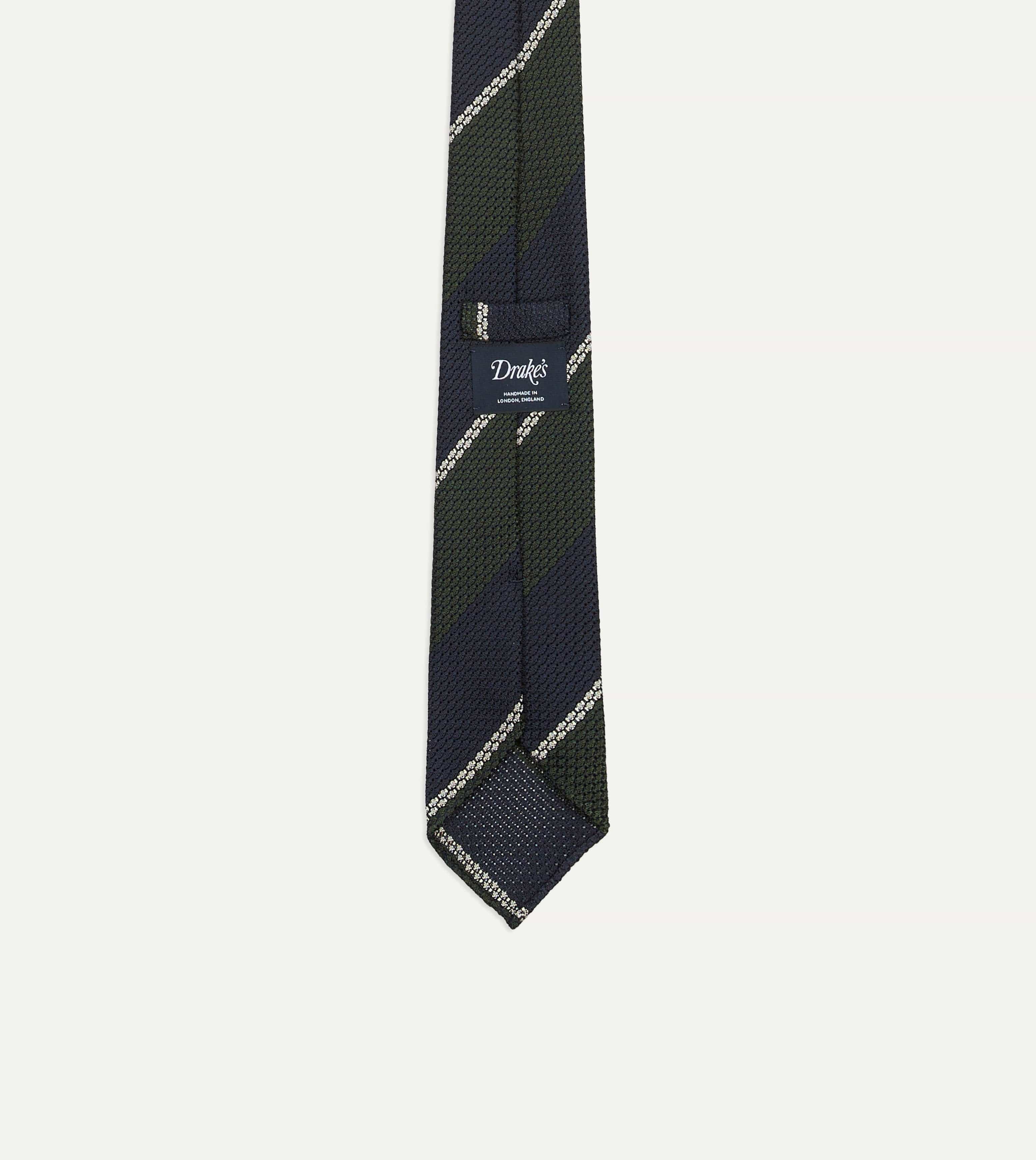 Navy, Green and White Stripe Silk Grenadine Tie - Image 3