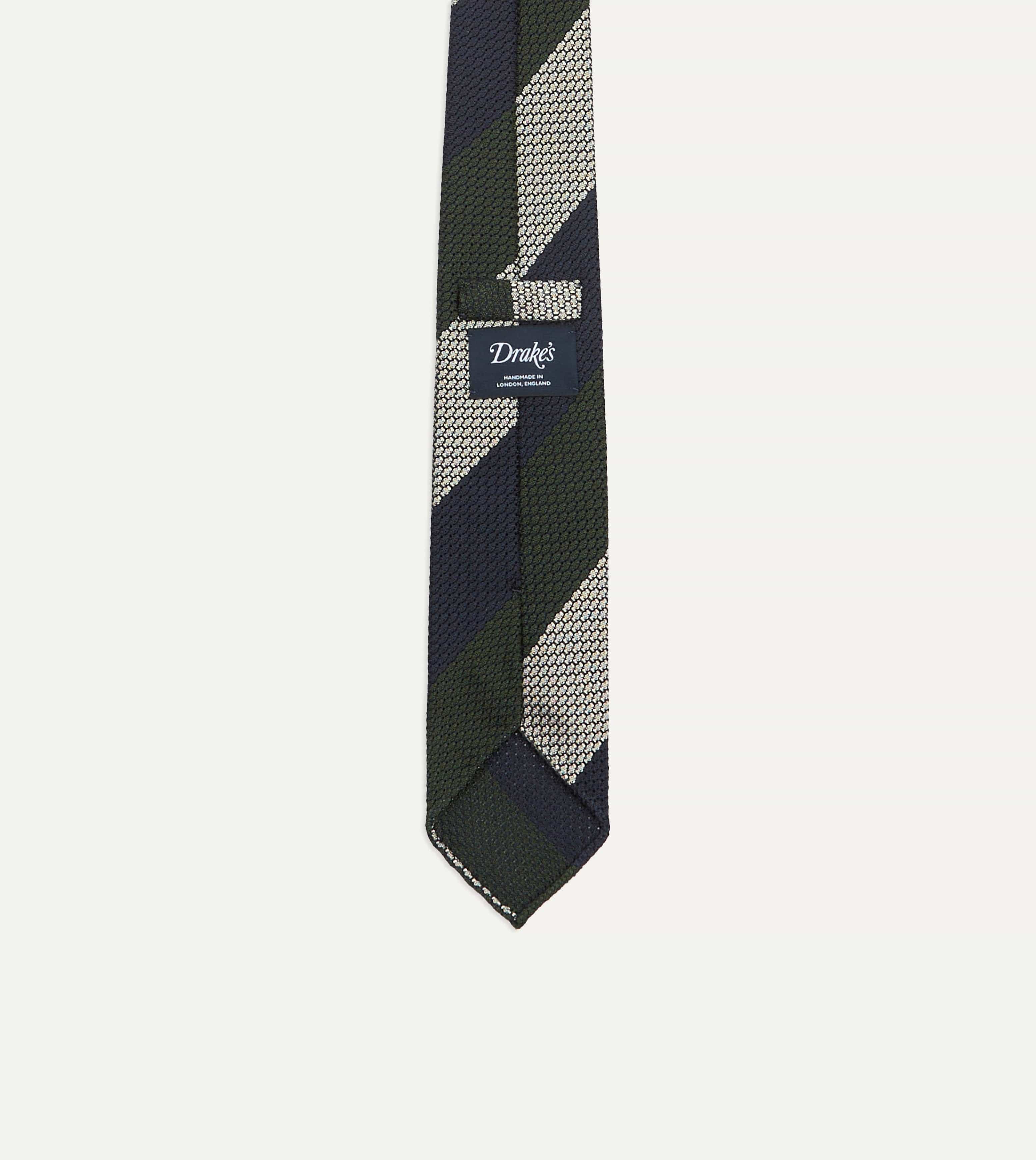 Navy, Green and White Wide Stripe Silk Grenadine Tie - Image 3
