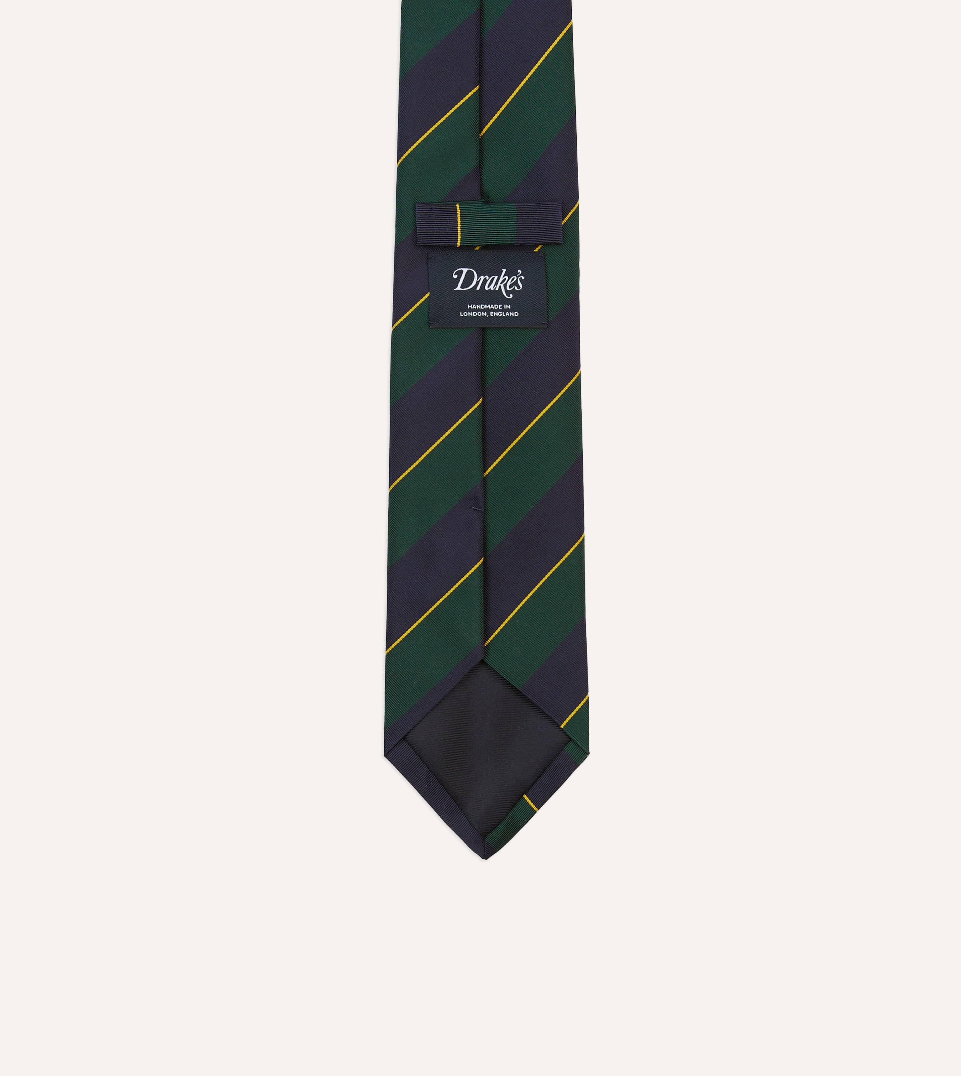 Navy, Green and Yellow Fine Stripe Mogador Silk Tipped Tie - Image 4