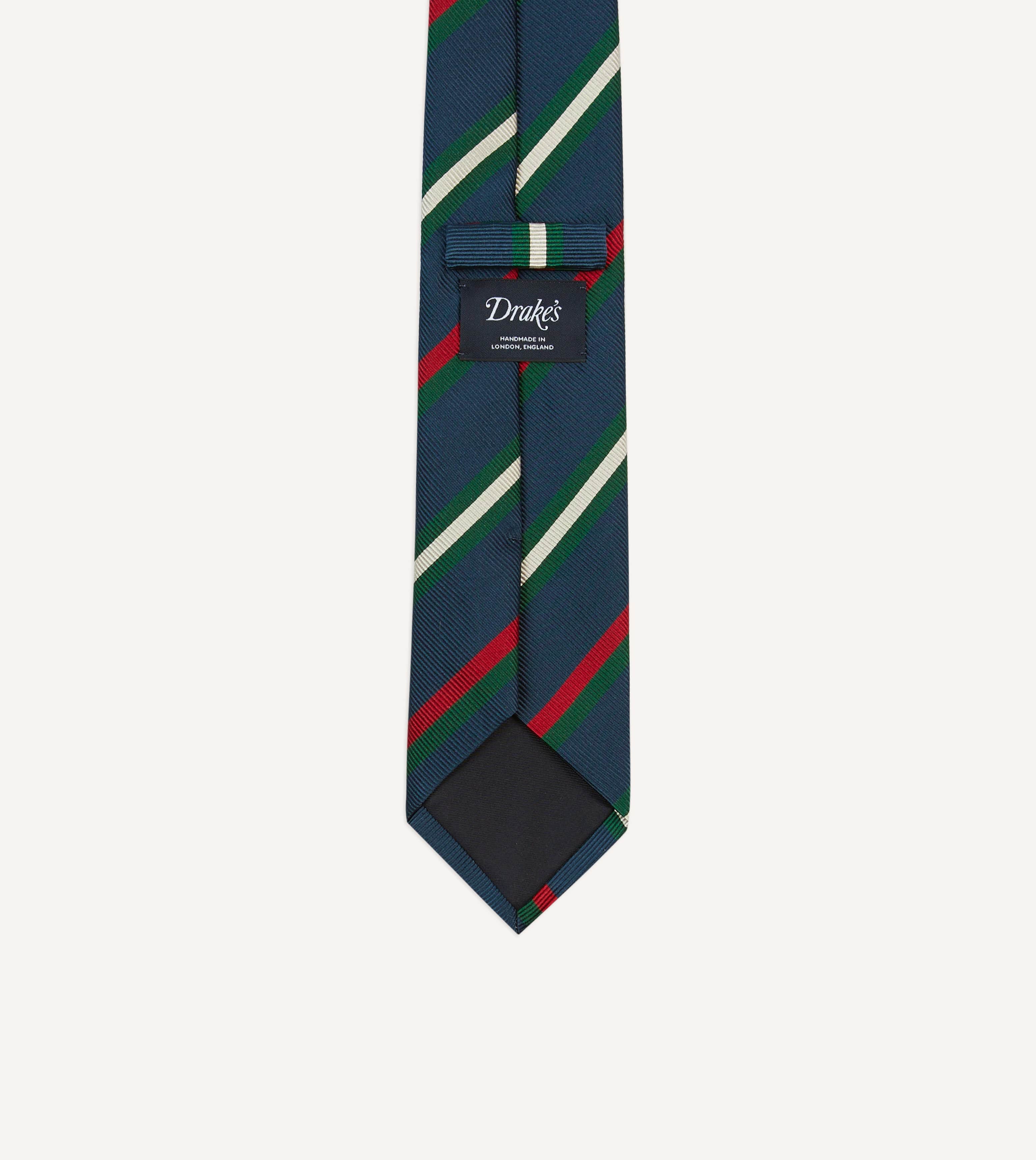 Navy, Green, Red and White Stripe Repp Silk Tipped Tie - Image 4