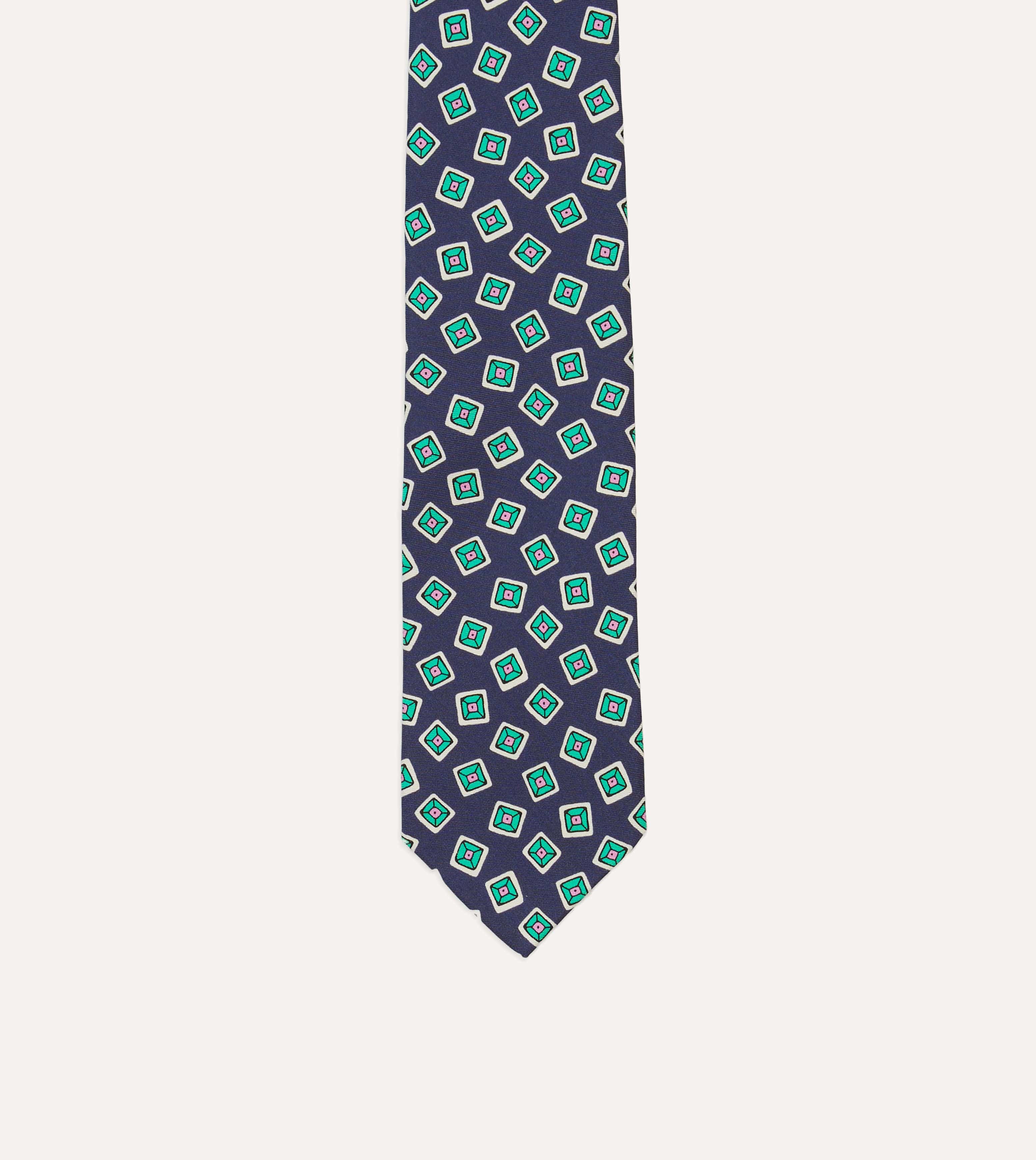 Navy Jumbled Tile Print Silk Self Tipped Tie - Image 3