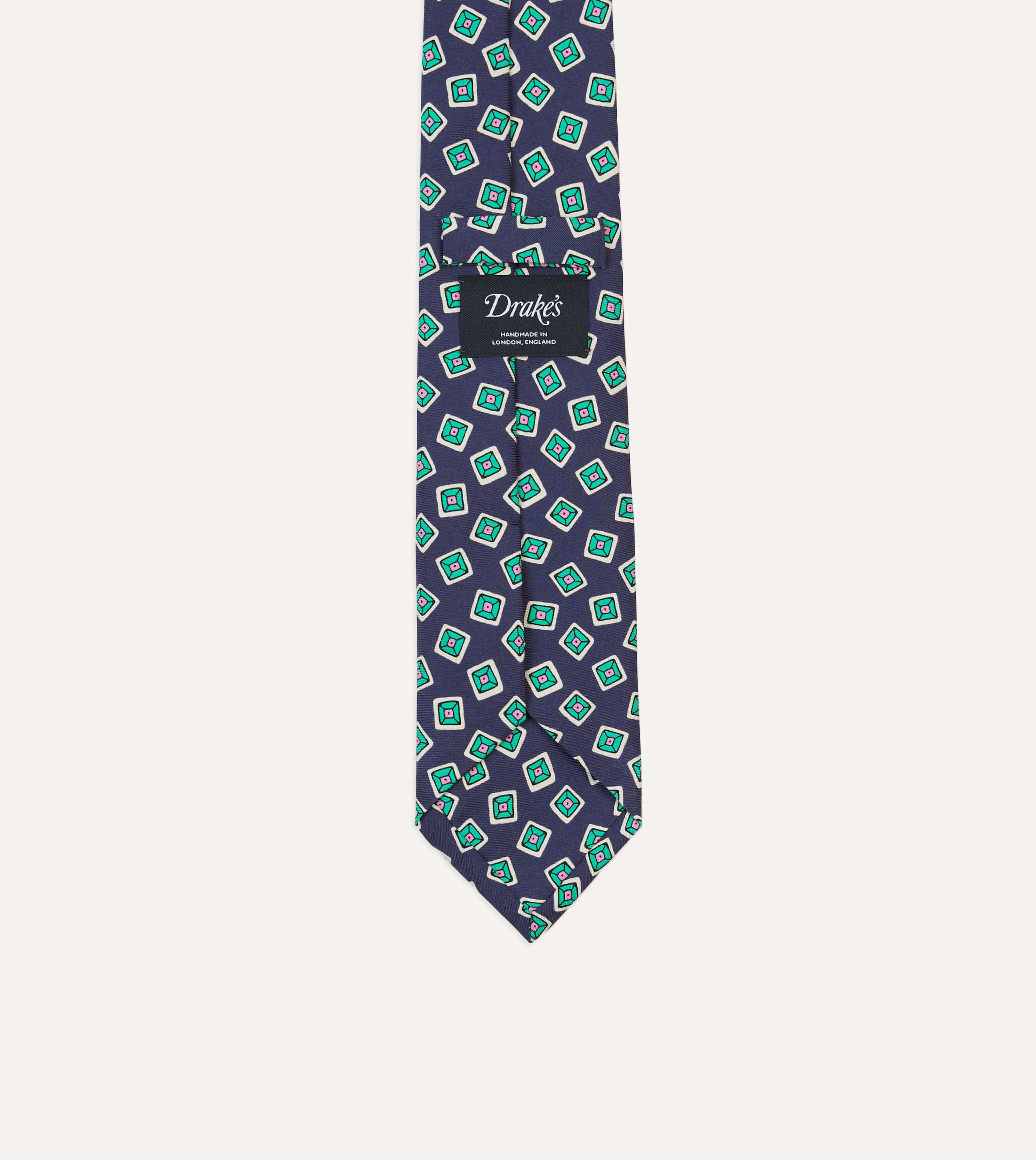 Navy Jumbled Tile Print Silk Self Tipped Tie - Image 4