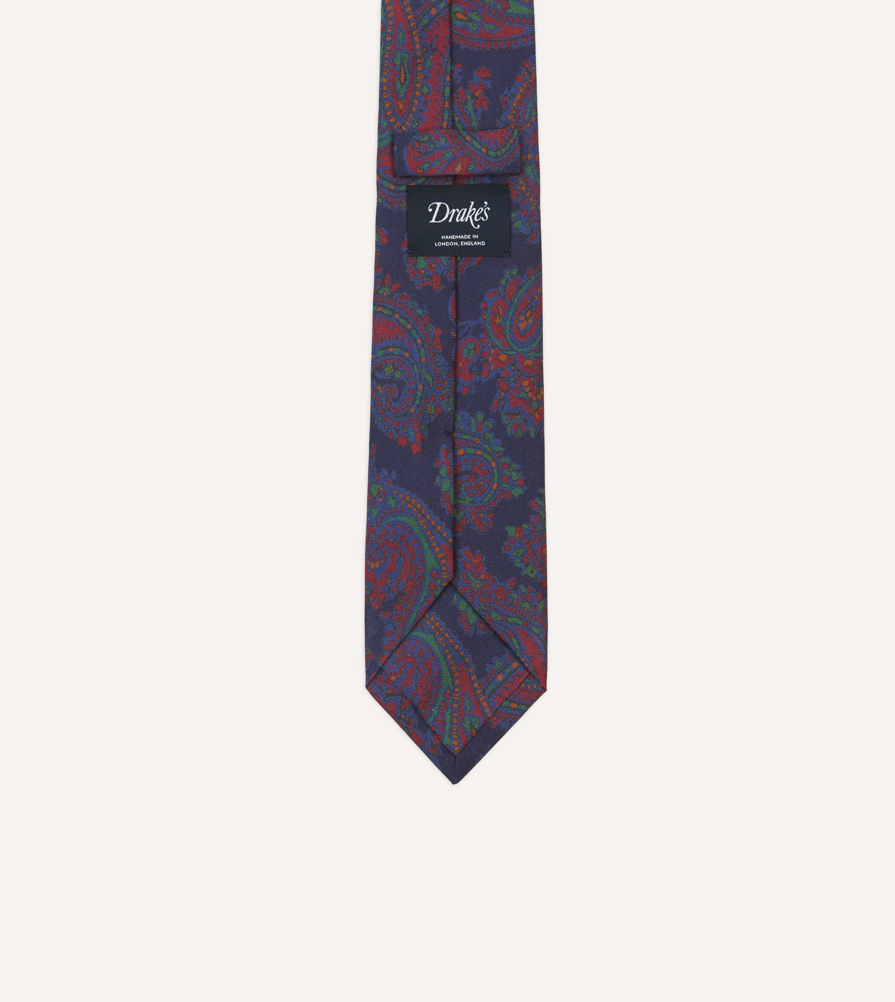 Navy Paisley Print Madder Silk Self-Tipped Tie - Image 4