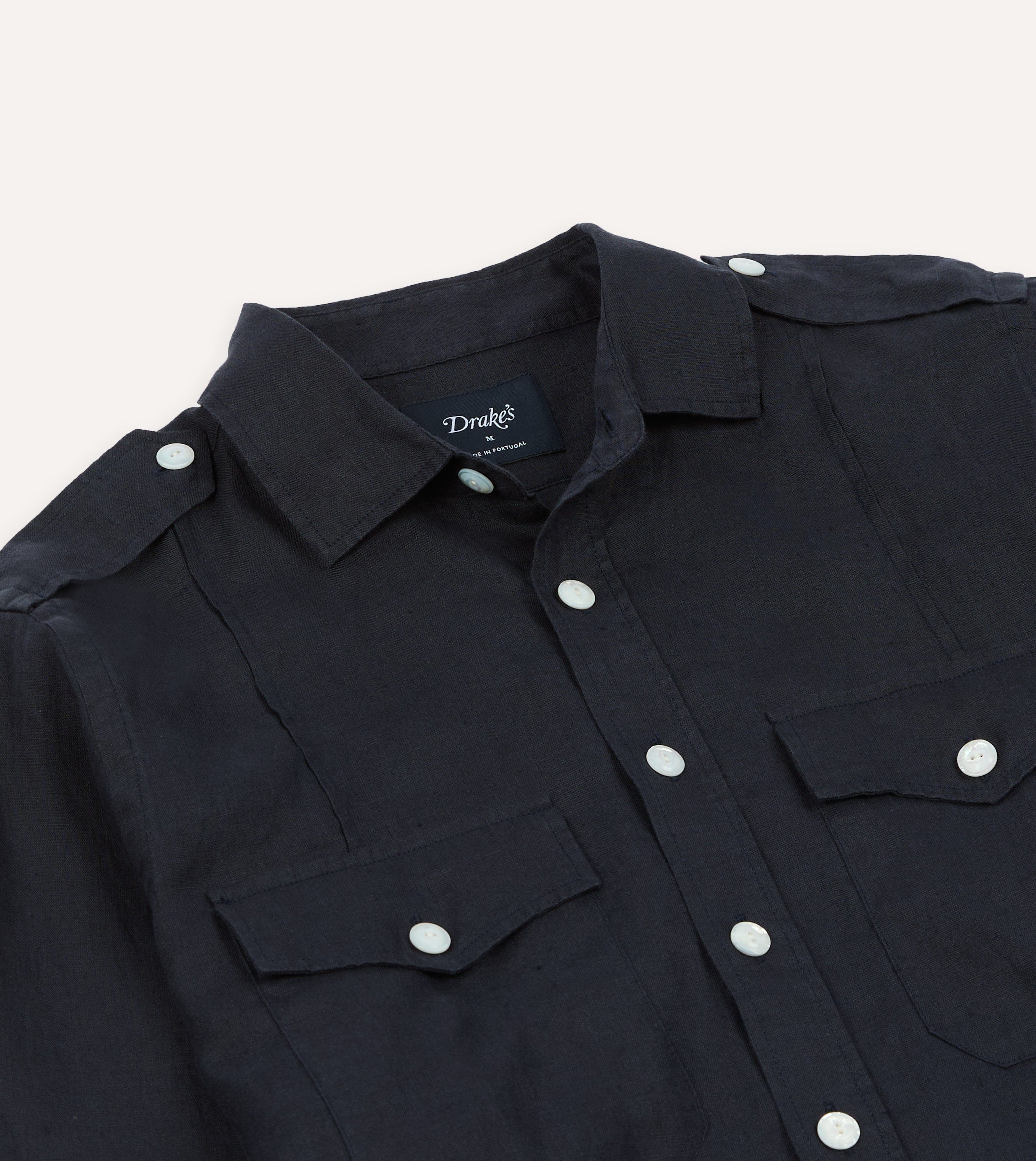 Navy Linen Pintuck Military Shirt - Image 4