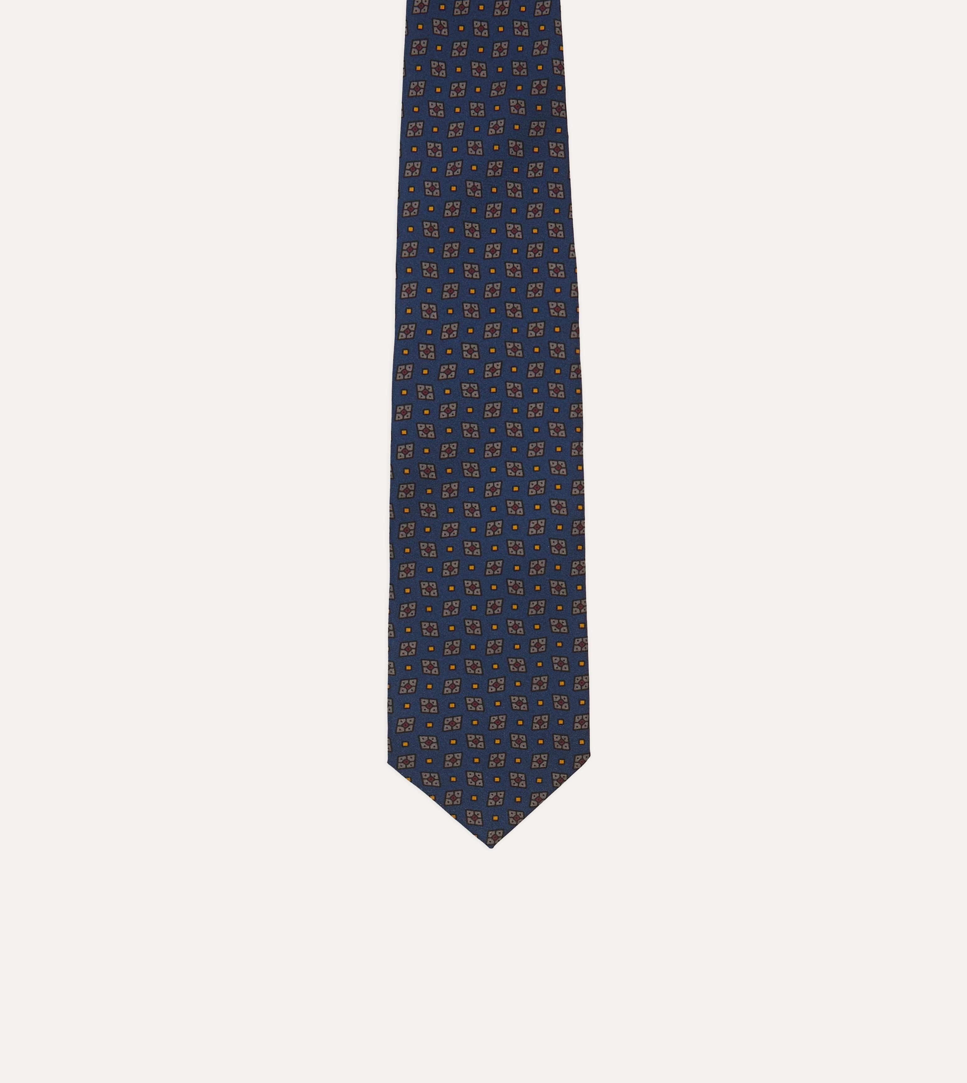 Navy Medallion Print Silk Twill Self Tipped Tie - Image 3