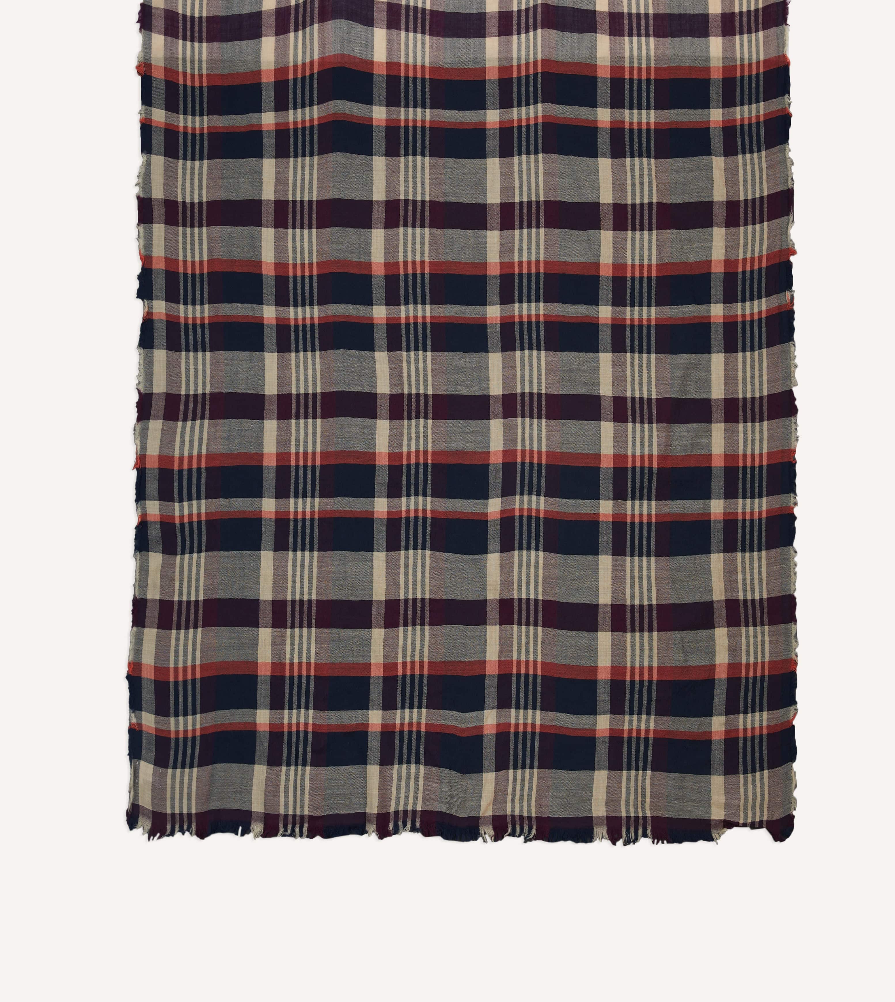 Navy, Red and Ecru Tartan Check Worsted Wool Scarf - Image 3