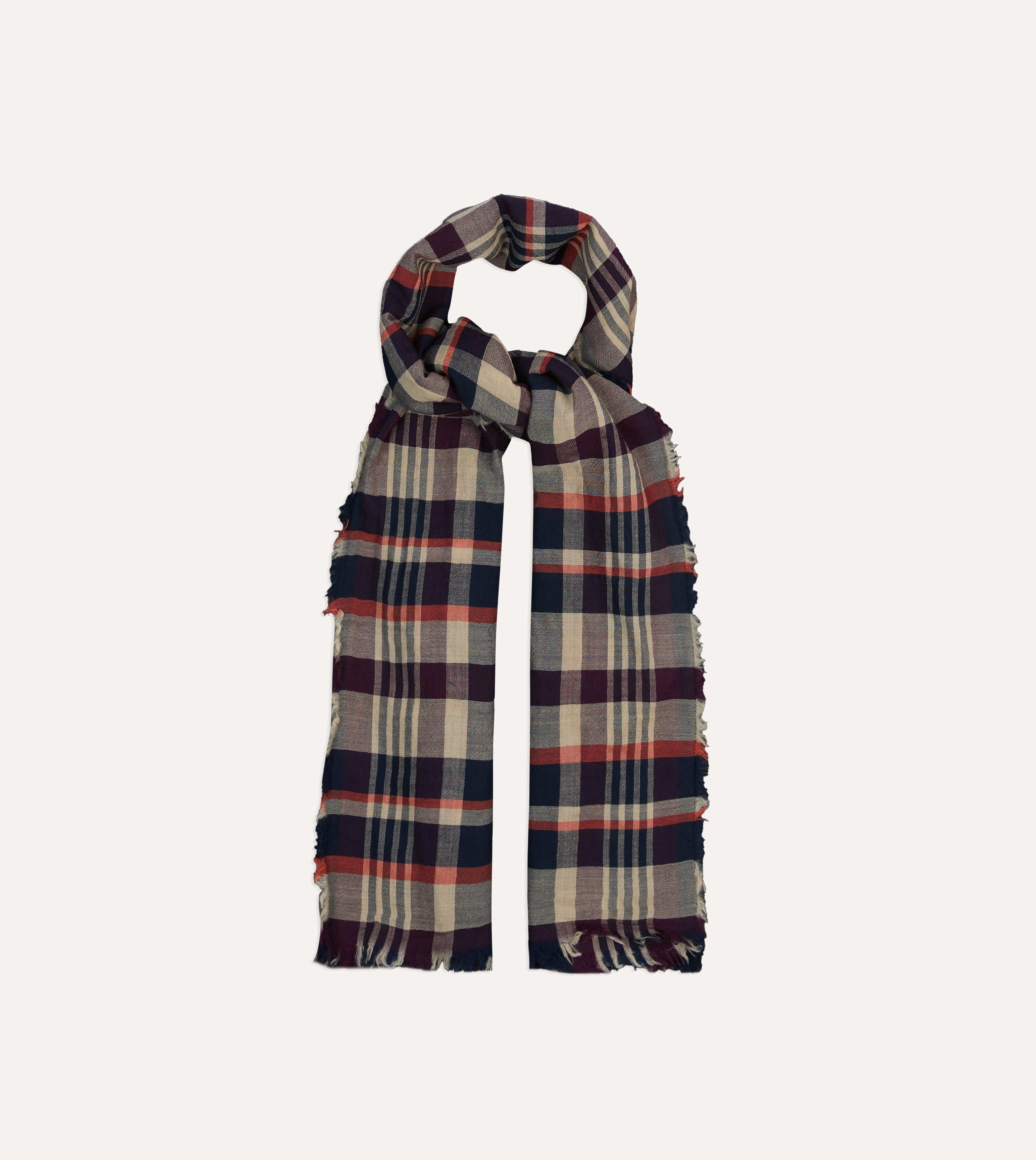Navy, Red and Ecru Tartan Check Worsted Wool Scarf - Image 4