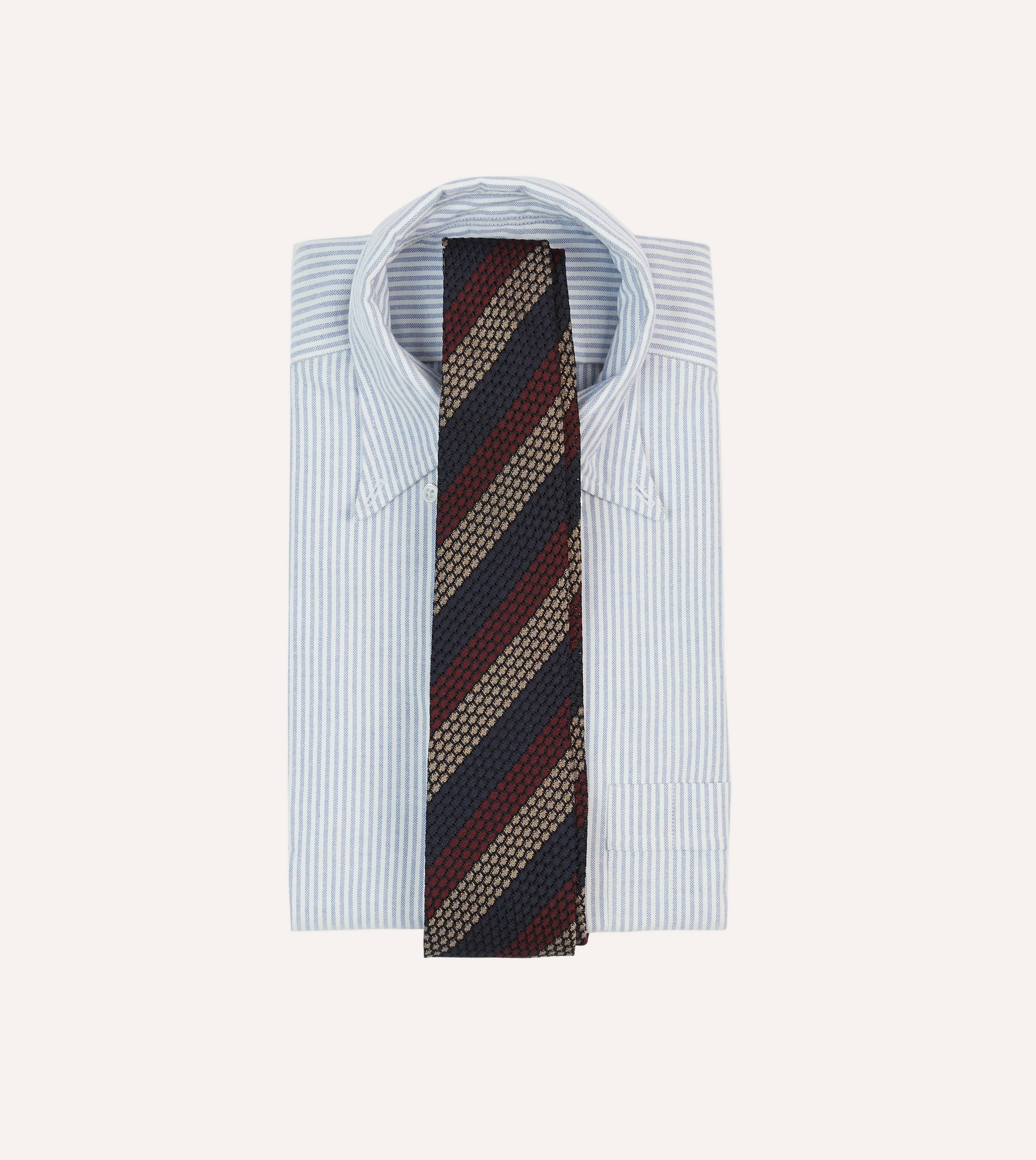 Navy, Red and Gold Block Stripe Hand Rolled Silk Grenadine Tie - Image 2
