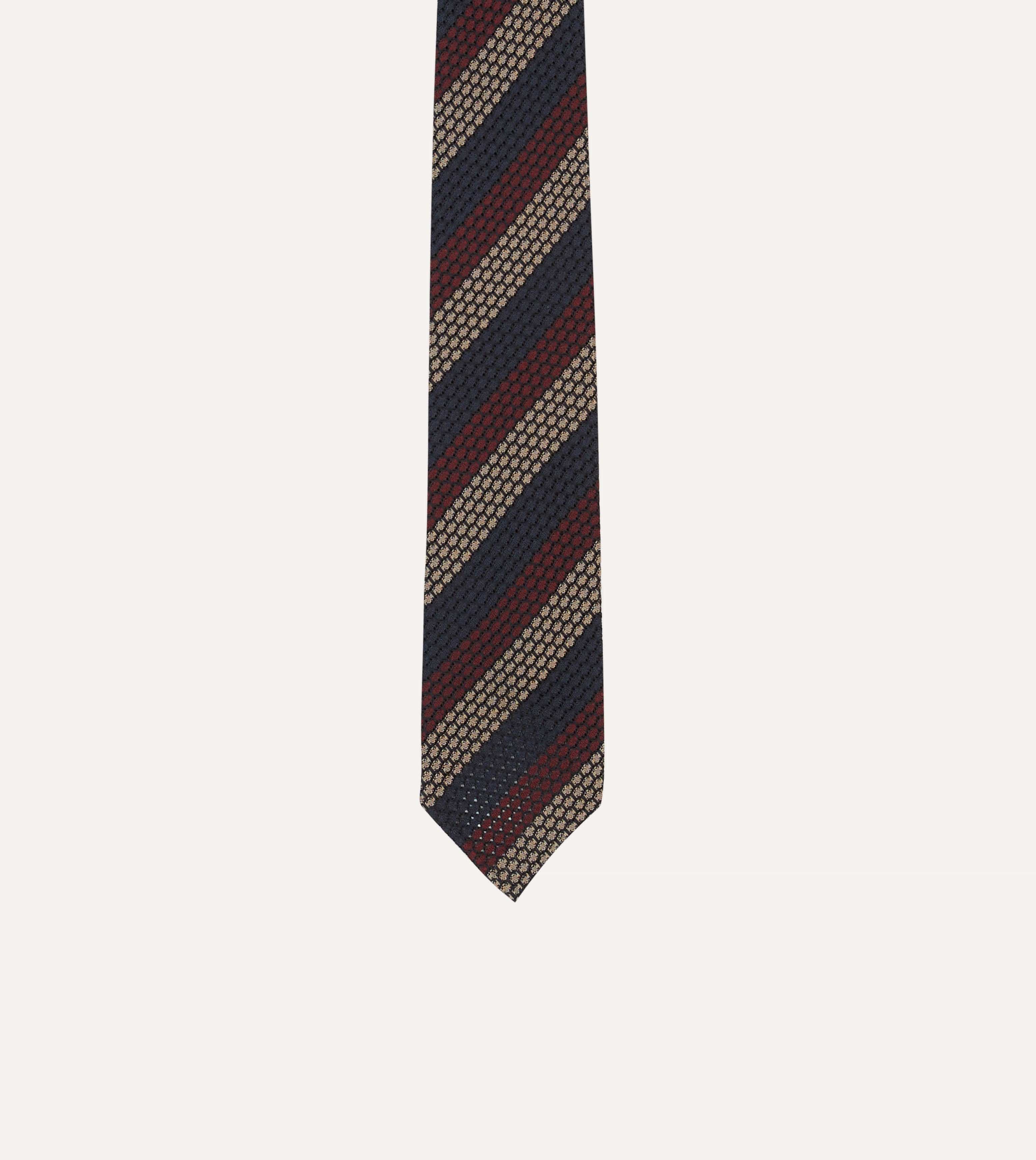 Navy, Red and Gold Block Stripe Hand Rolled Silk Grenadine Tie - Image 3