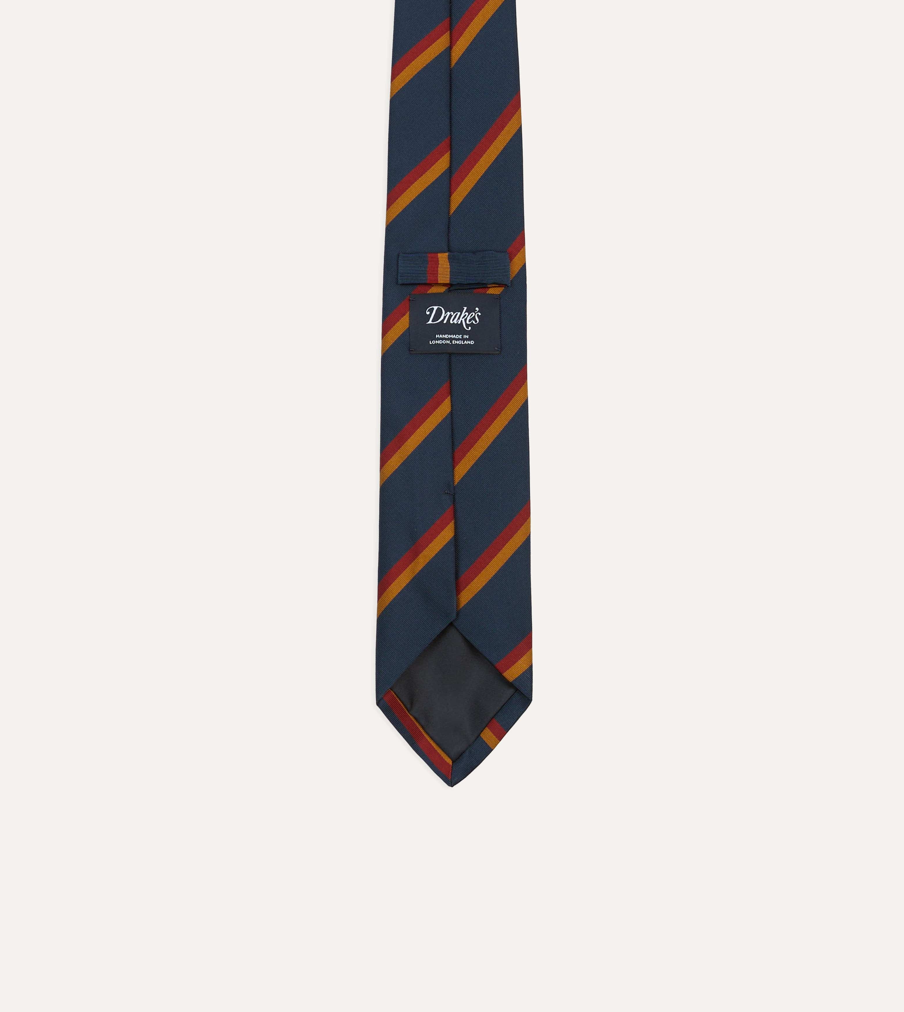 Navy, Red and Gold Stripe Mogador Cotton-Silk Tipped Tie - Image 4