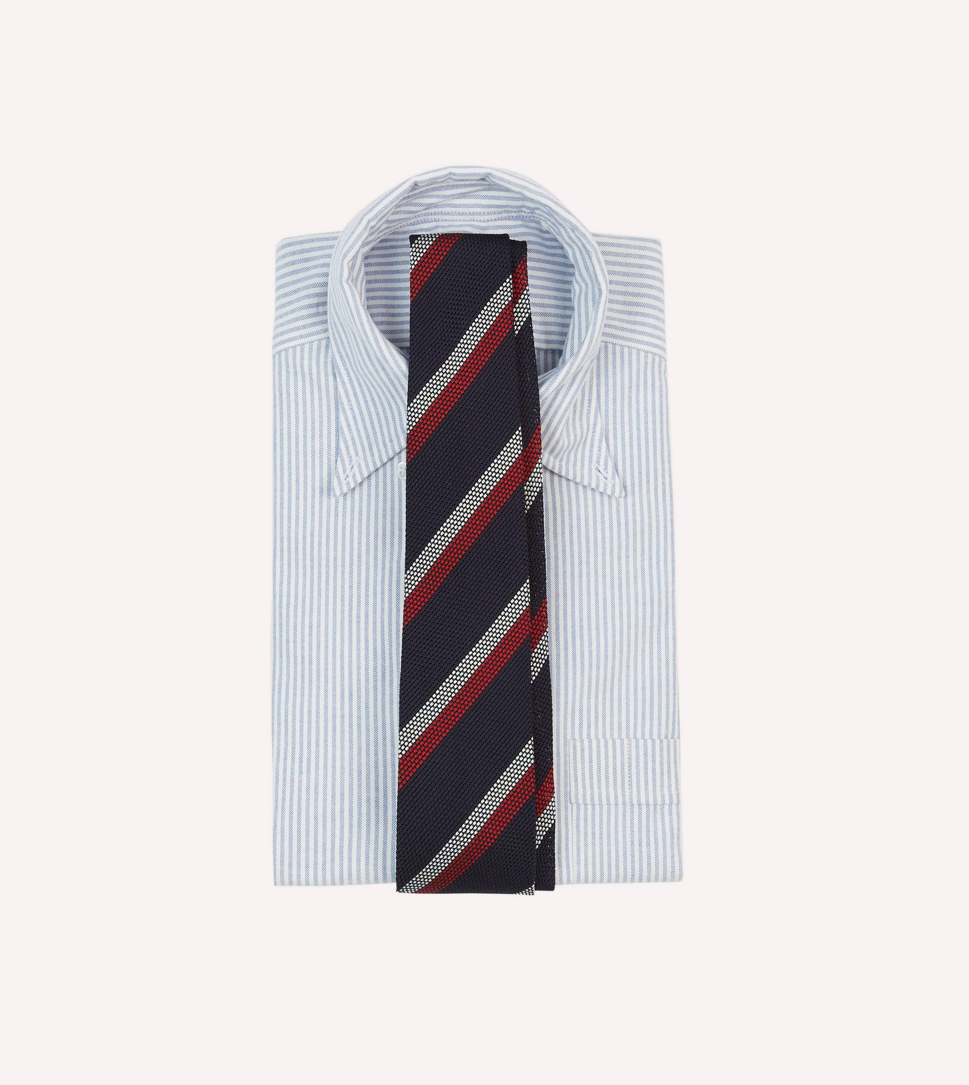 Navy, Red and White Double Stripe Hand Rolled Silk Grenadine Tie - Image 2