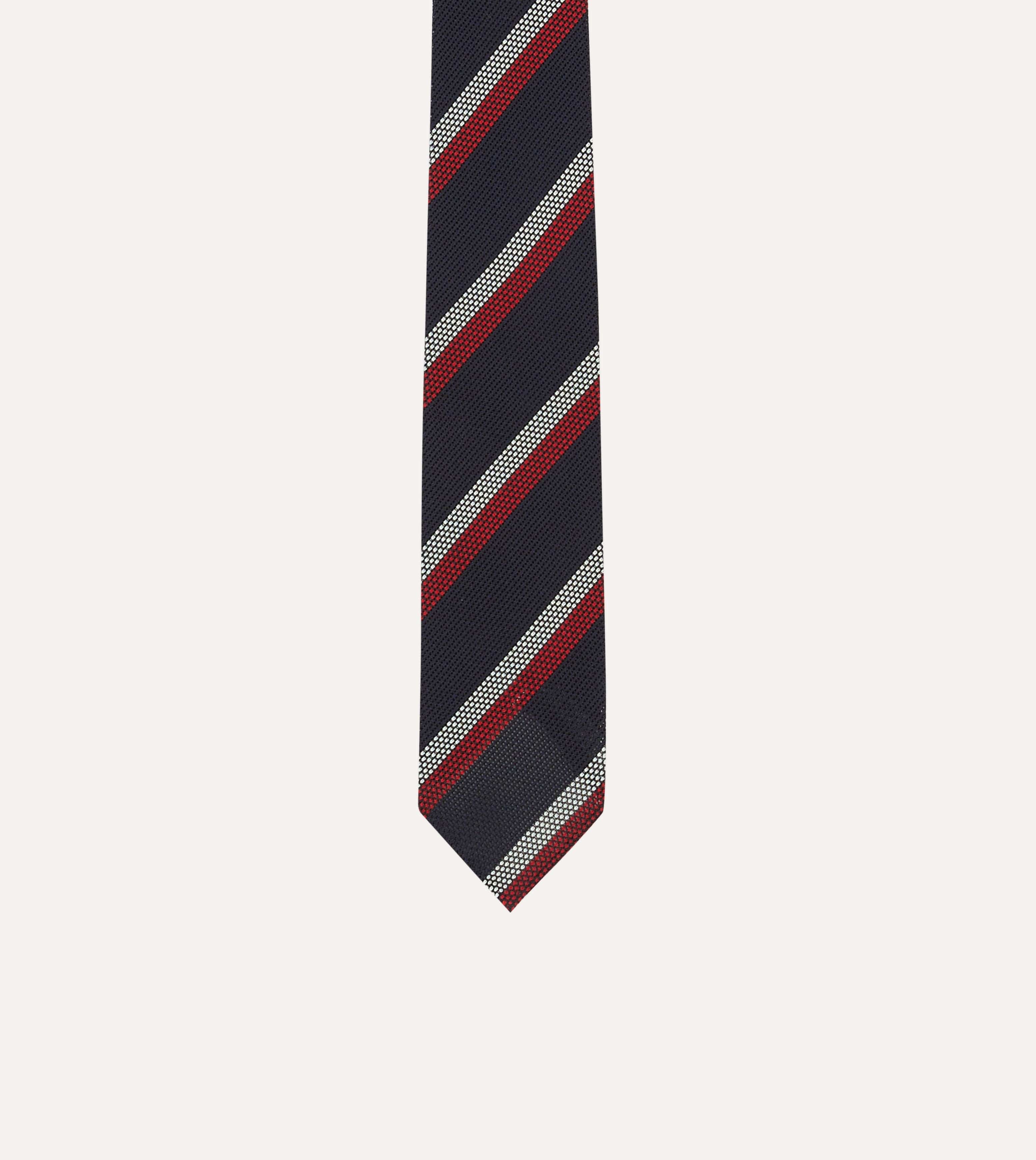 Navy, Red and White Double Stripe Hand Rolled Silk Grenadine Tie - Image 3