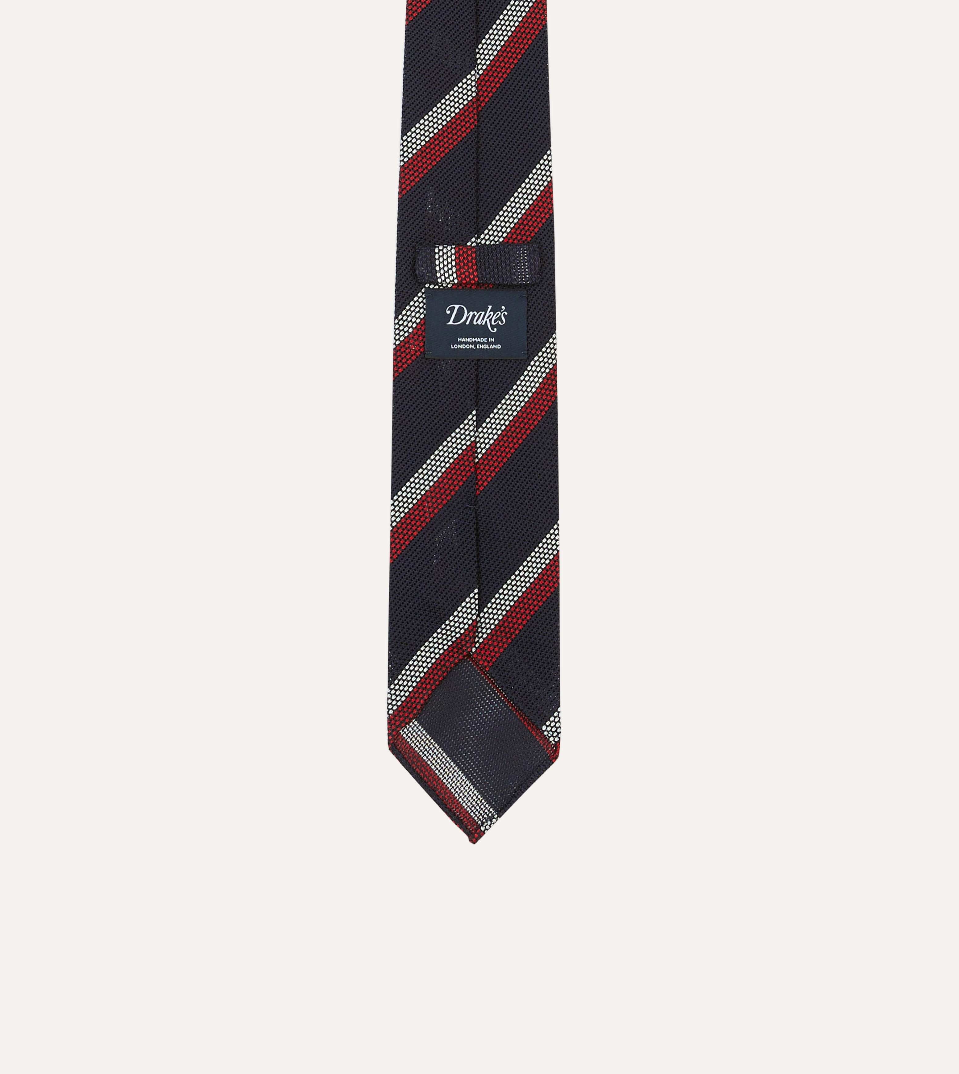 Navy, Red and White Double Stripe Hand Rolled Silk Grenadine Tie - Image 4