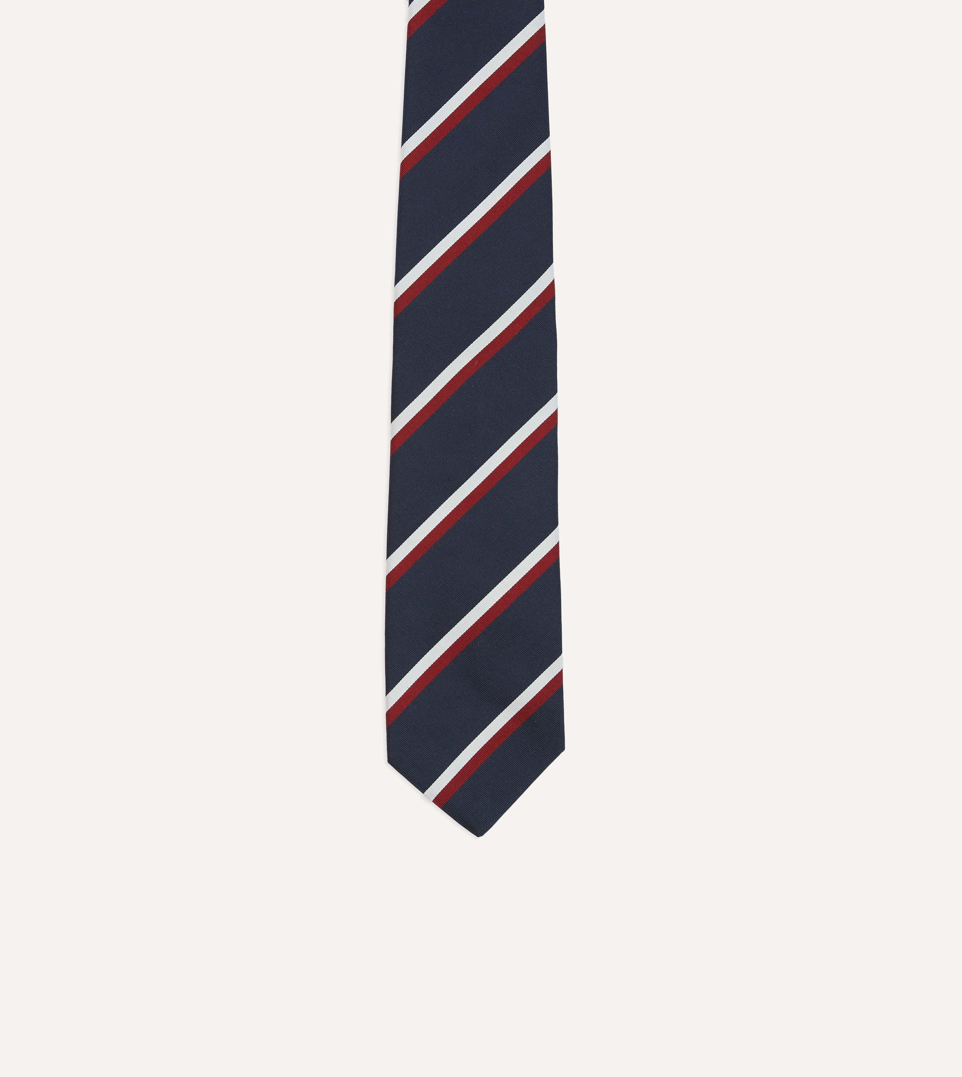 Navy, Red and White Double Stripe Mogador Silk Tipped Tie - Image 3