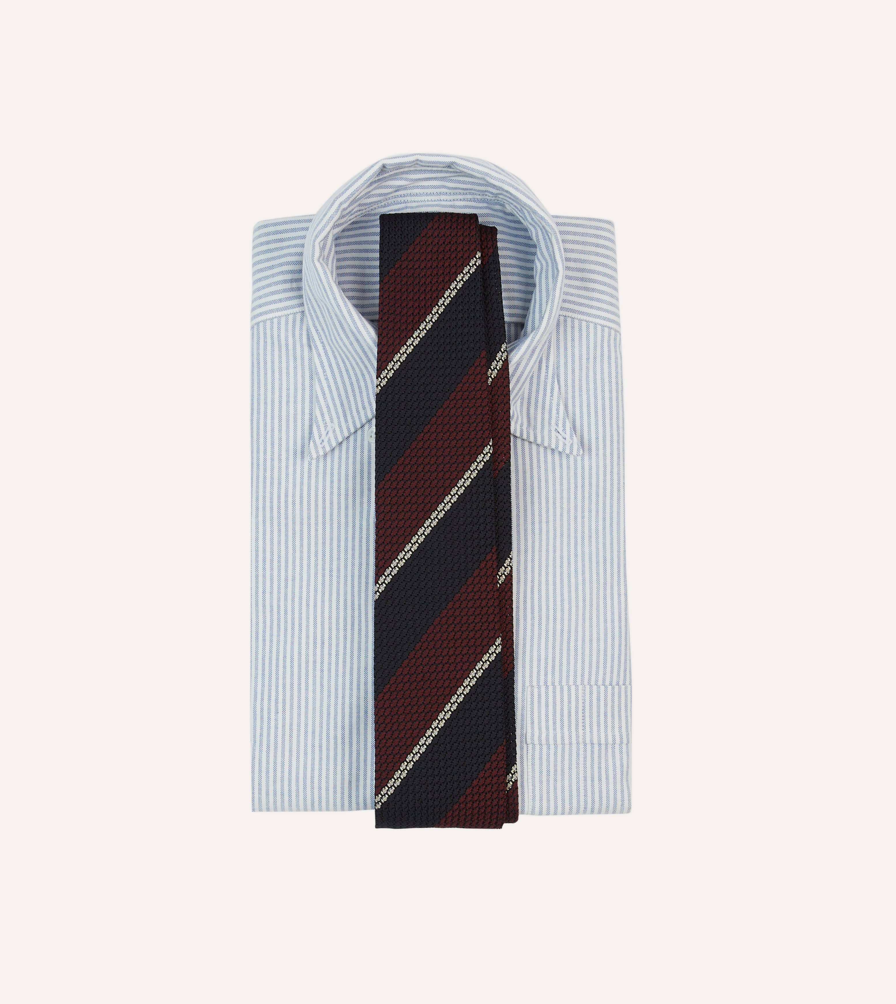 Navy, Red and White Multi Stripe Hand Rolled Silk Grenadine Tie - Image 2