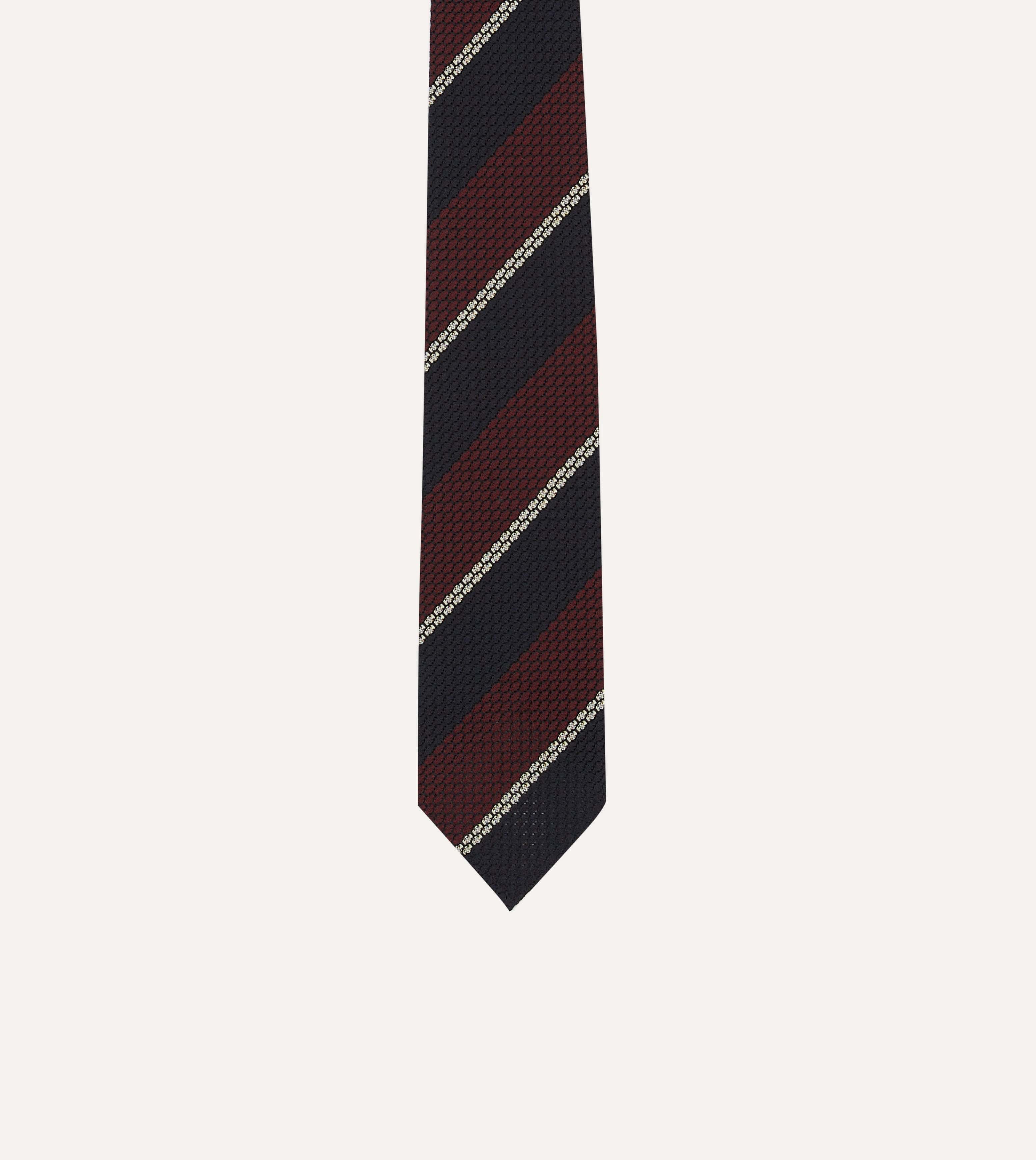 Navy, Red and White Multi Stripe Hand Rolled Silk Grenadine Tie - Image 3