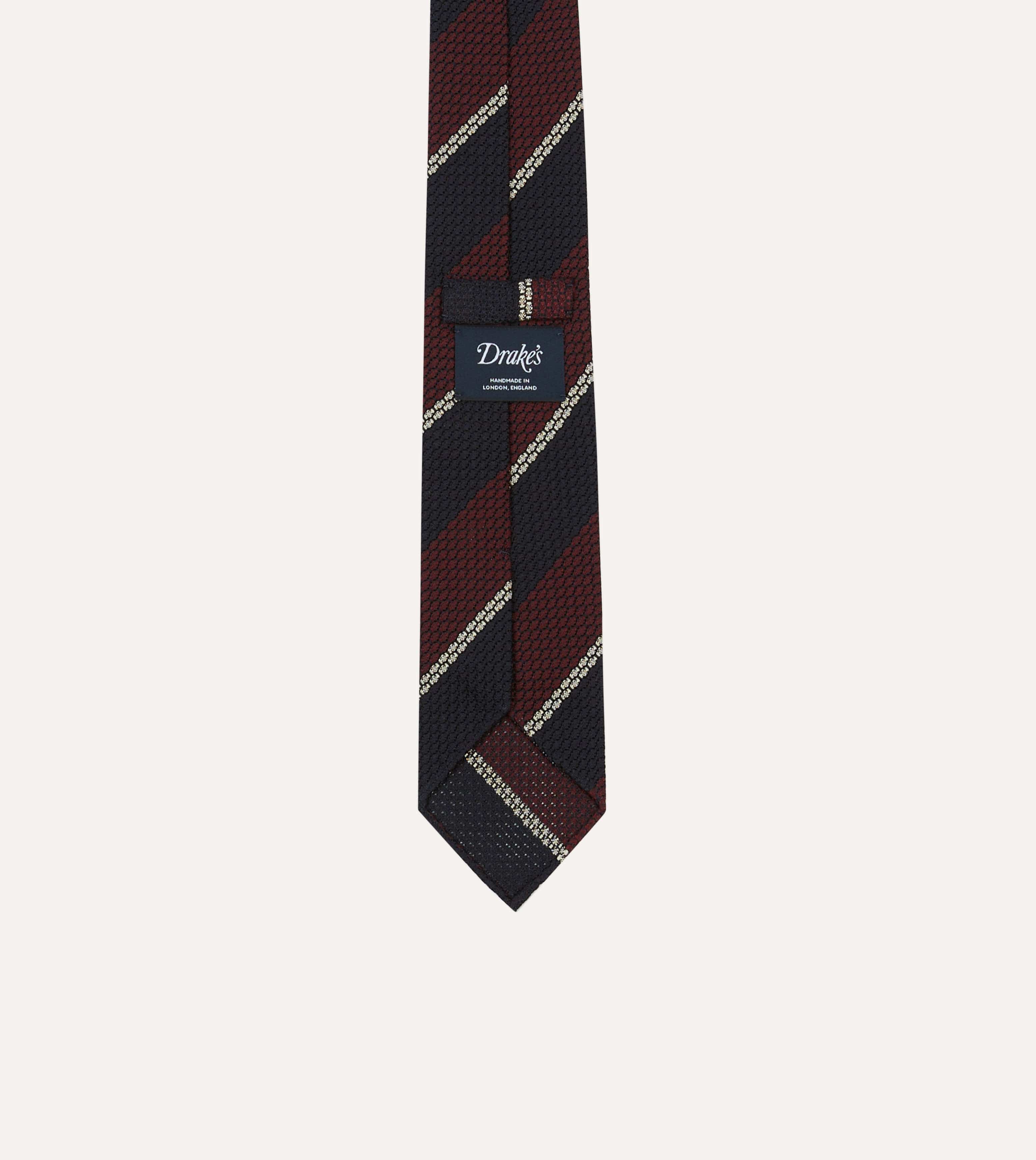 Navy, Red and White Multi Stripe Hand Rolled Silk Grenadine Tie - Image 4
