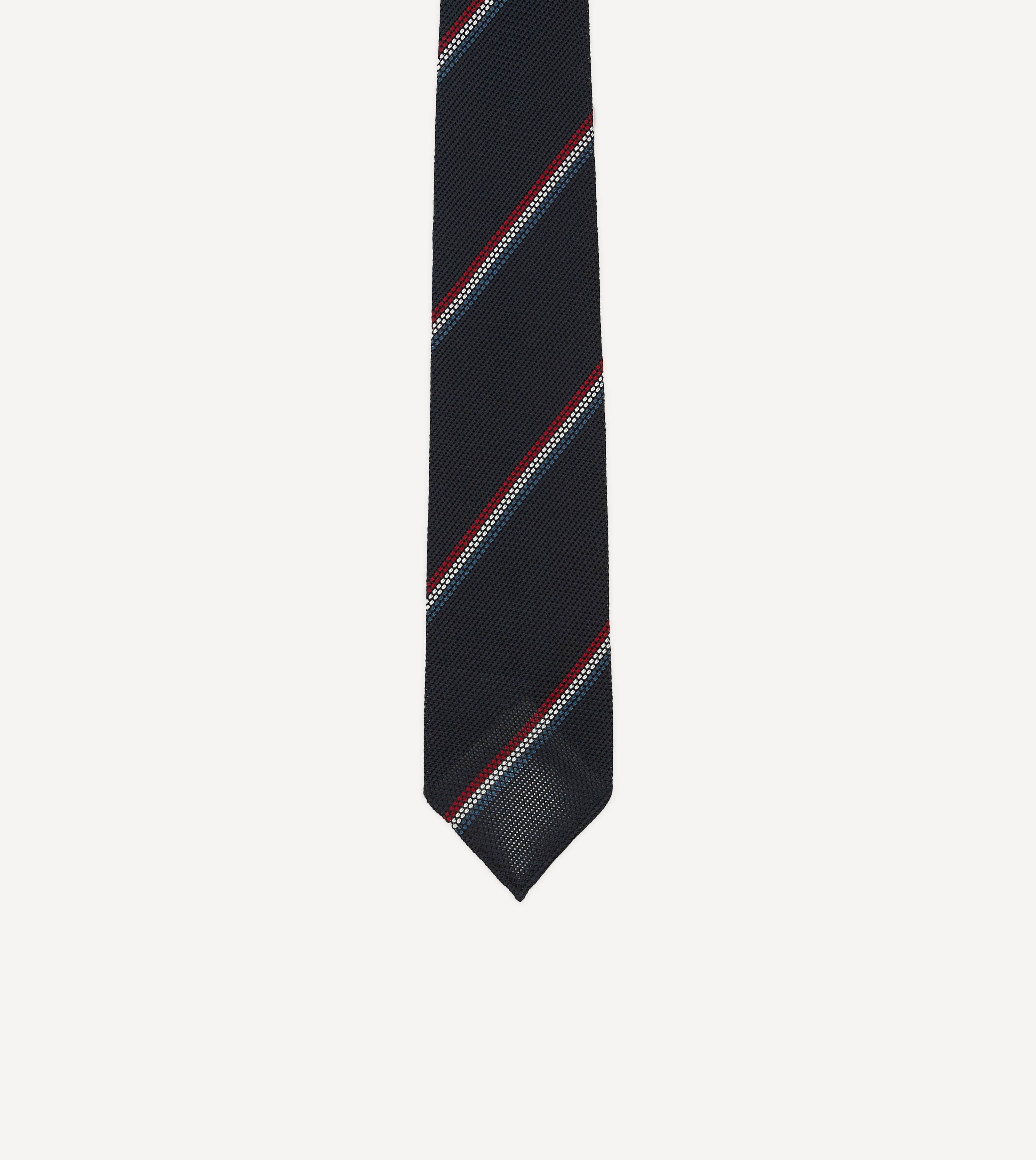 Navy, Red and White Stripe Silk Grenadine Tie - Image 3