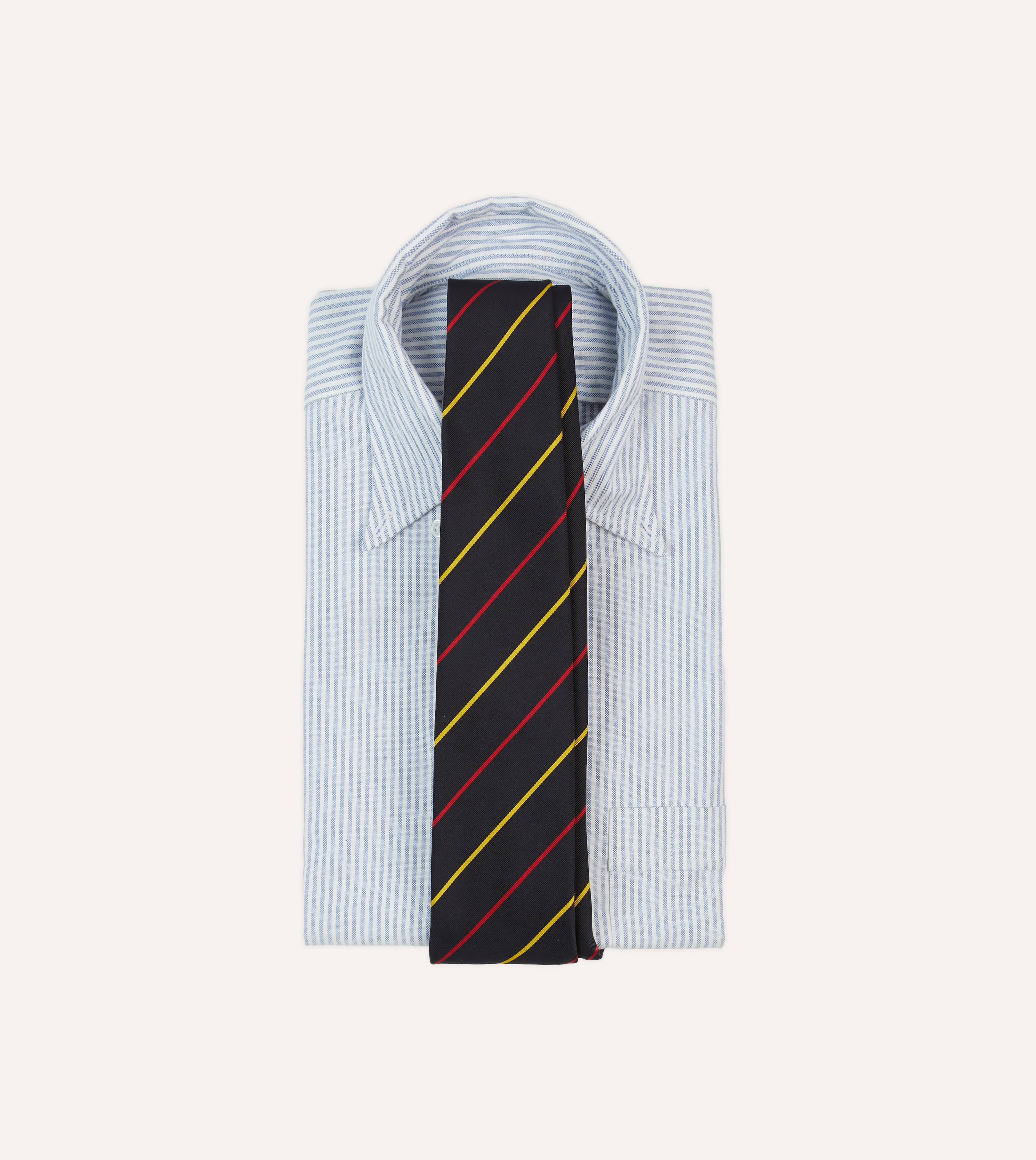 Navy, Red and Yellow Fine Stripe Mogador Silk Tipped Tie - Image 2
