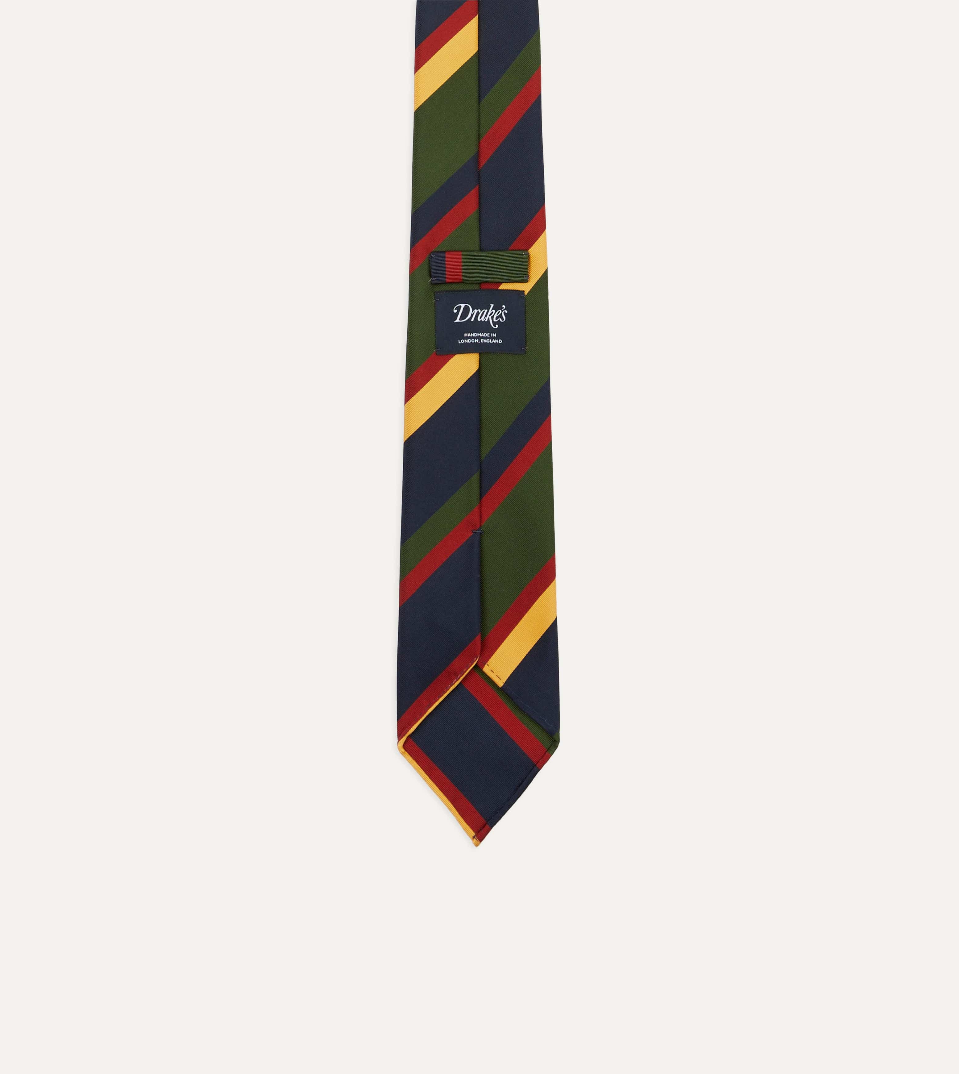 Navy, Red, Green and Yellow Stripe Silk Hand Rolled Tie - Image 3