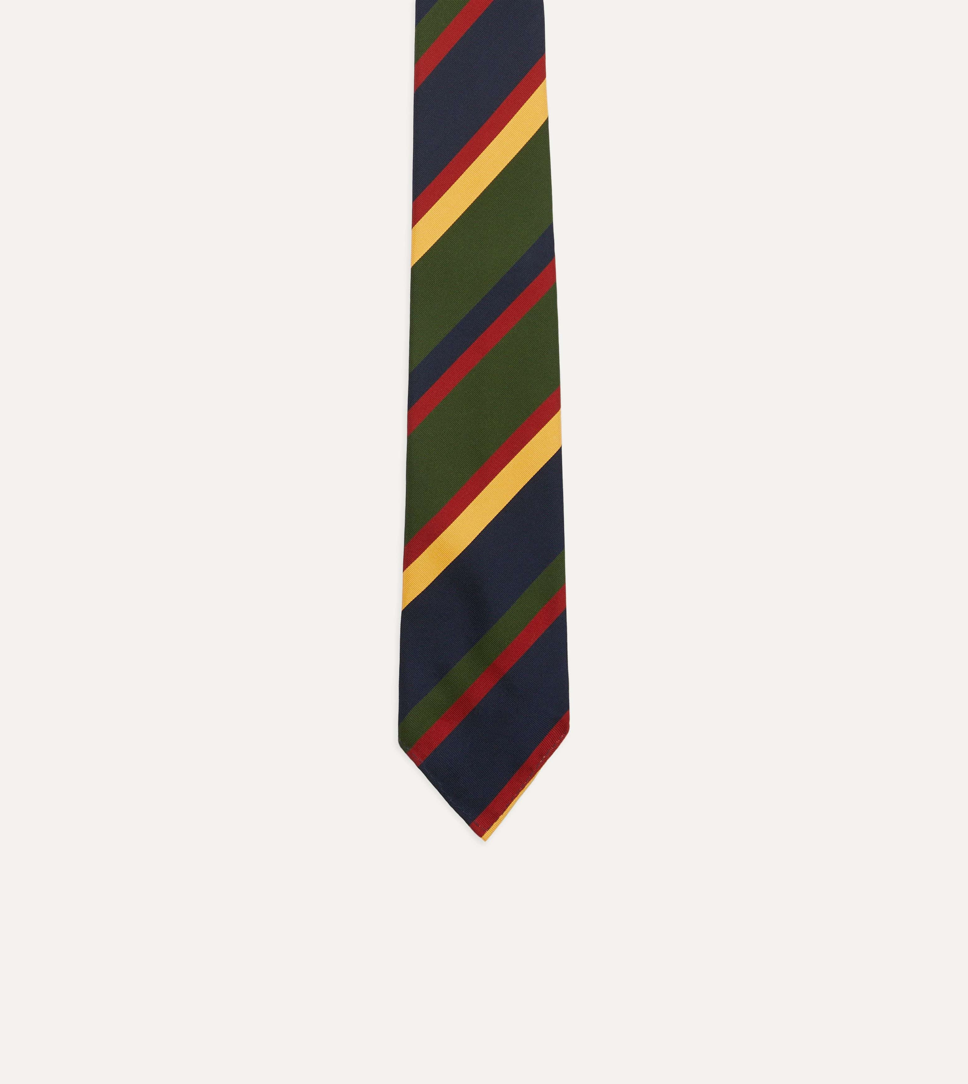 Navy, Red, Green and Yellow Stripe Silk Hand Rolled Tie - Image 4