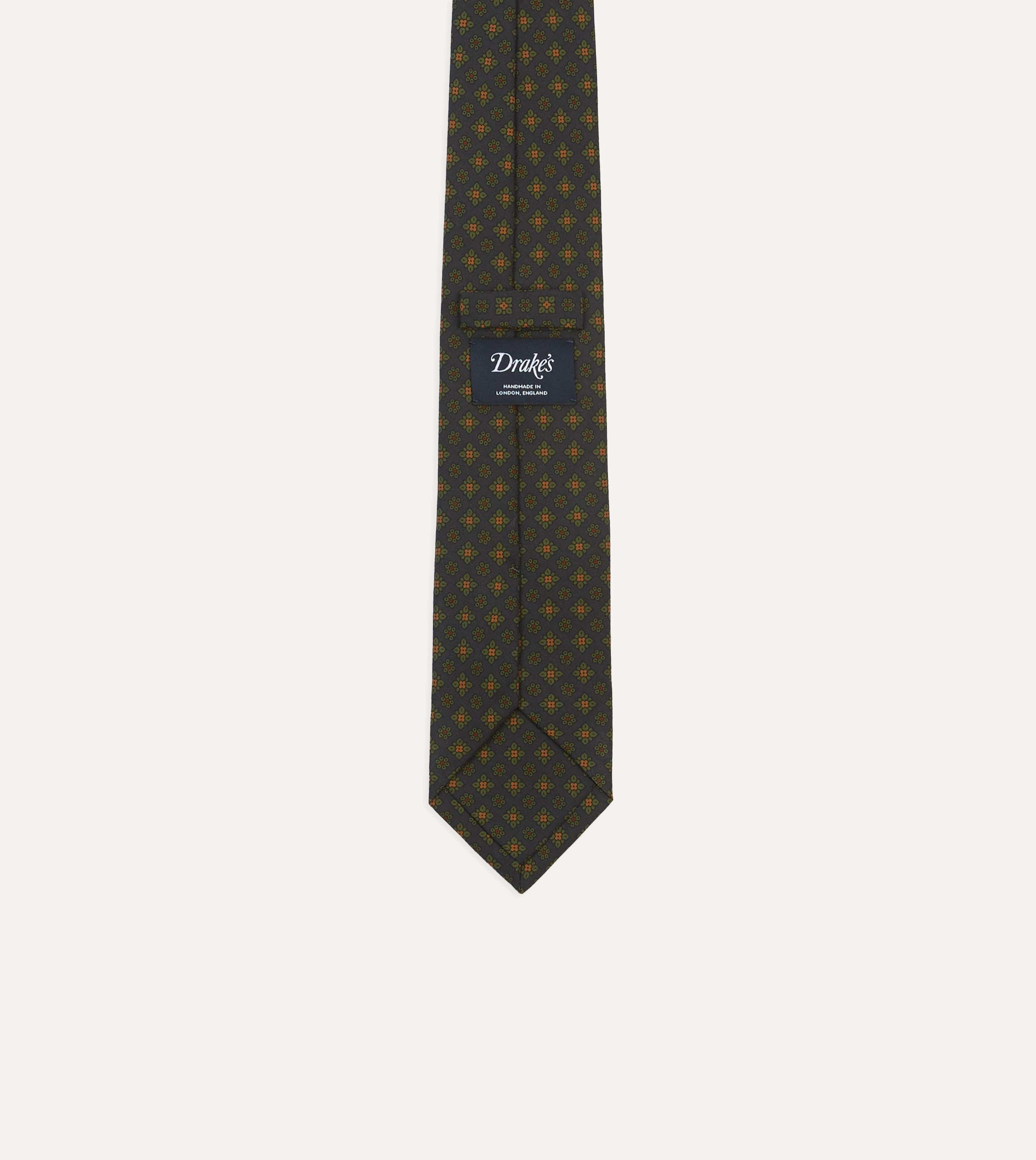 Navy Square Floral Medallion Print Wool-Silk Self Tipped Tie - Image 4