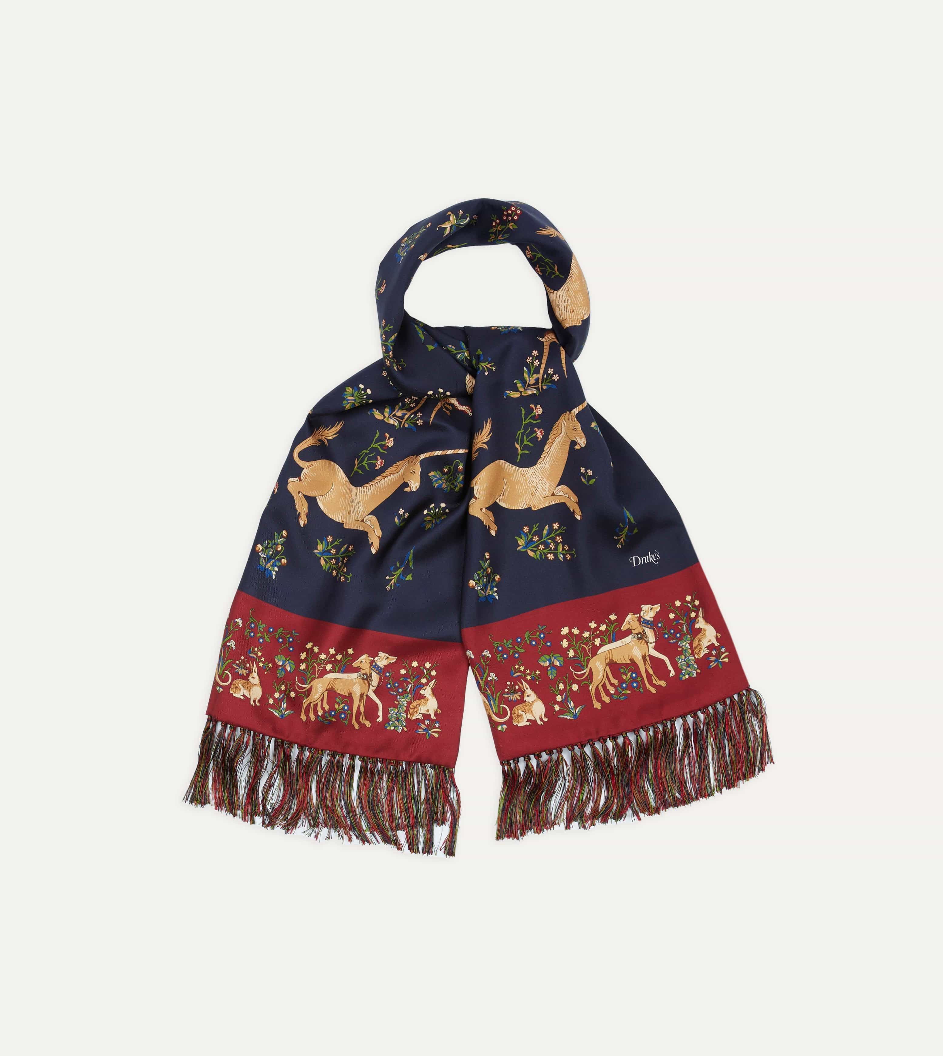 Navy Unicorn Print Tubular Silk Tasselled Scarf - Image 4