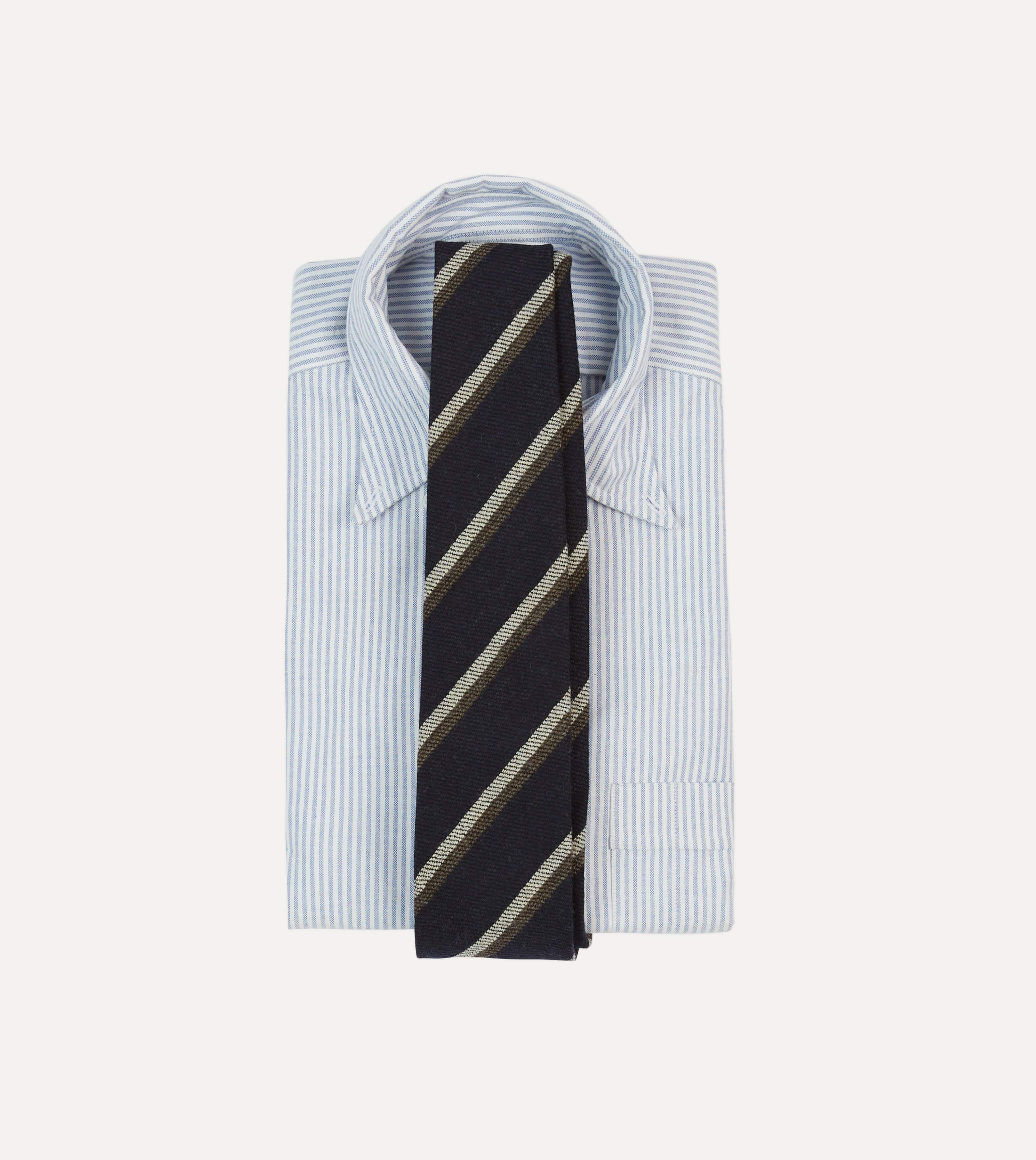 Navy, White and Brown Double Stripe Tipped Wool Tie - Image 2