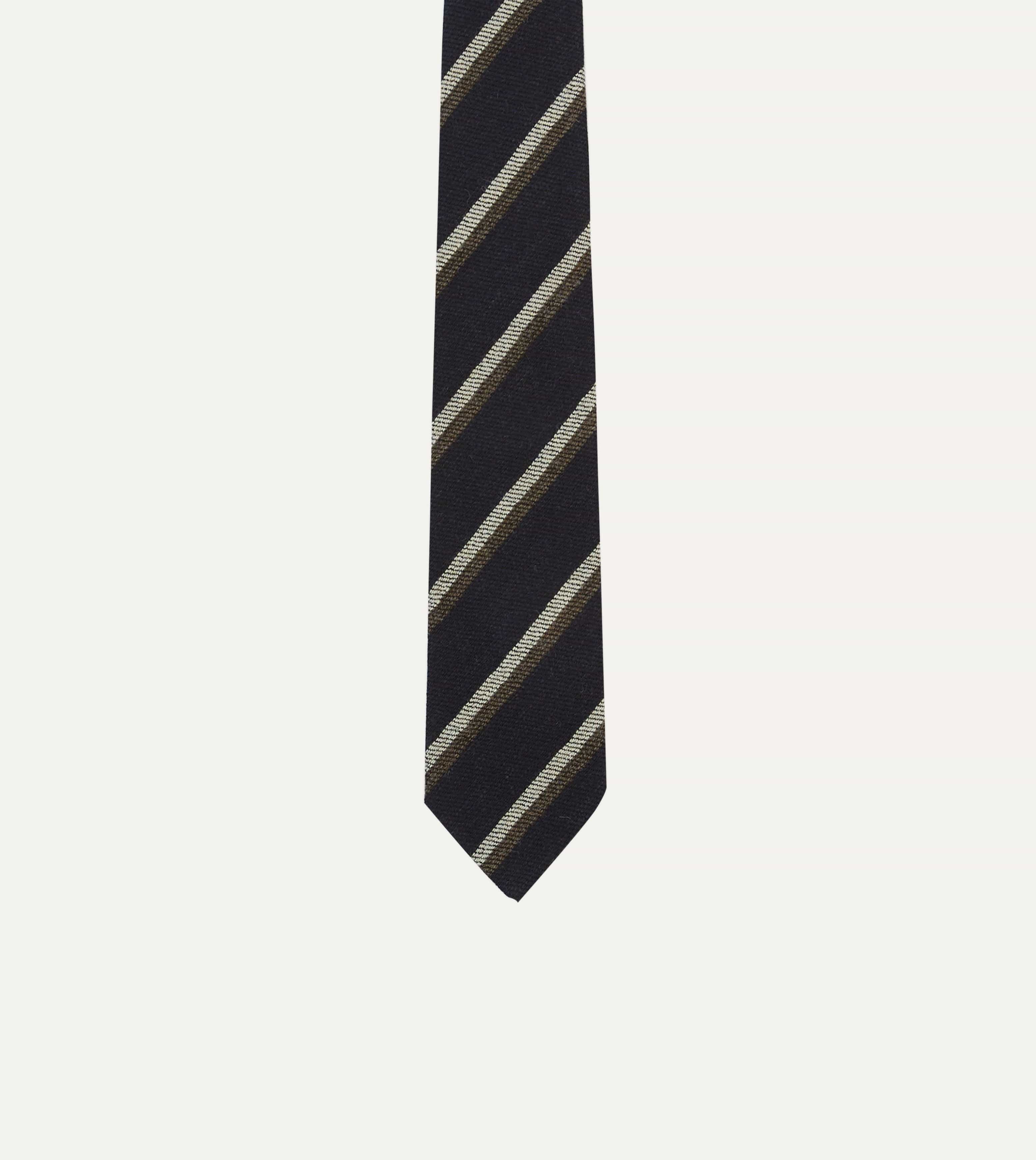 Navy, White and Brown Double Stripe Tipped Wool Tie - Image 3