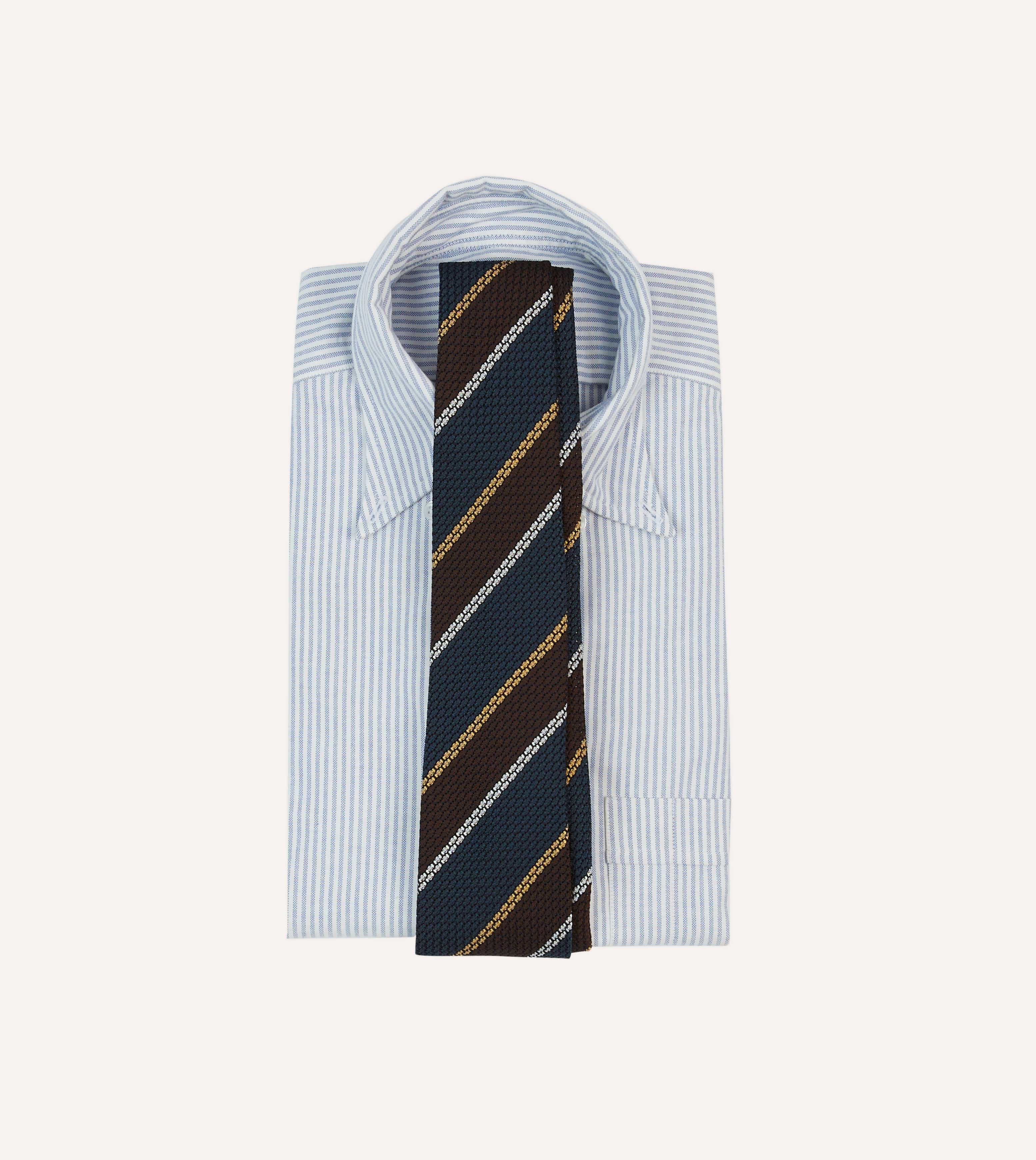 Navy, White and Brown Stripe Hand Rolled Silk Grenadine Tie - Image 2
