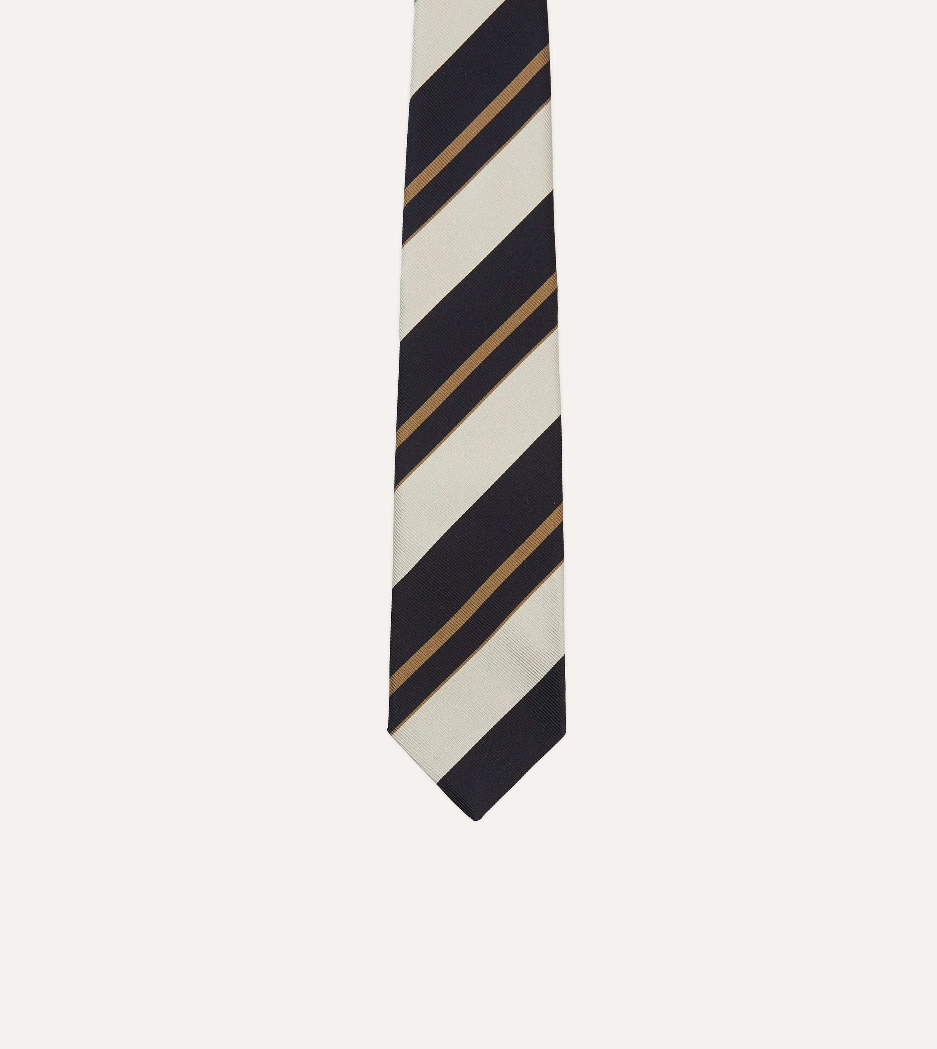 Navy, White and Fawn Stripe Repp Silk Tipped Tie - Image 3