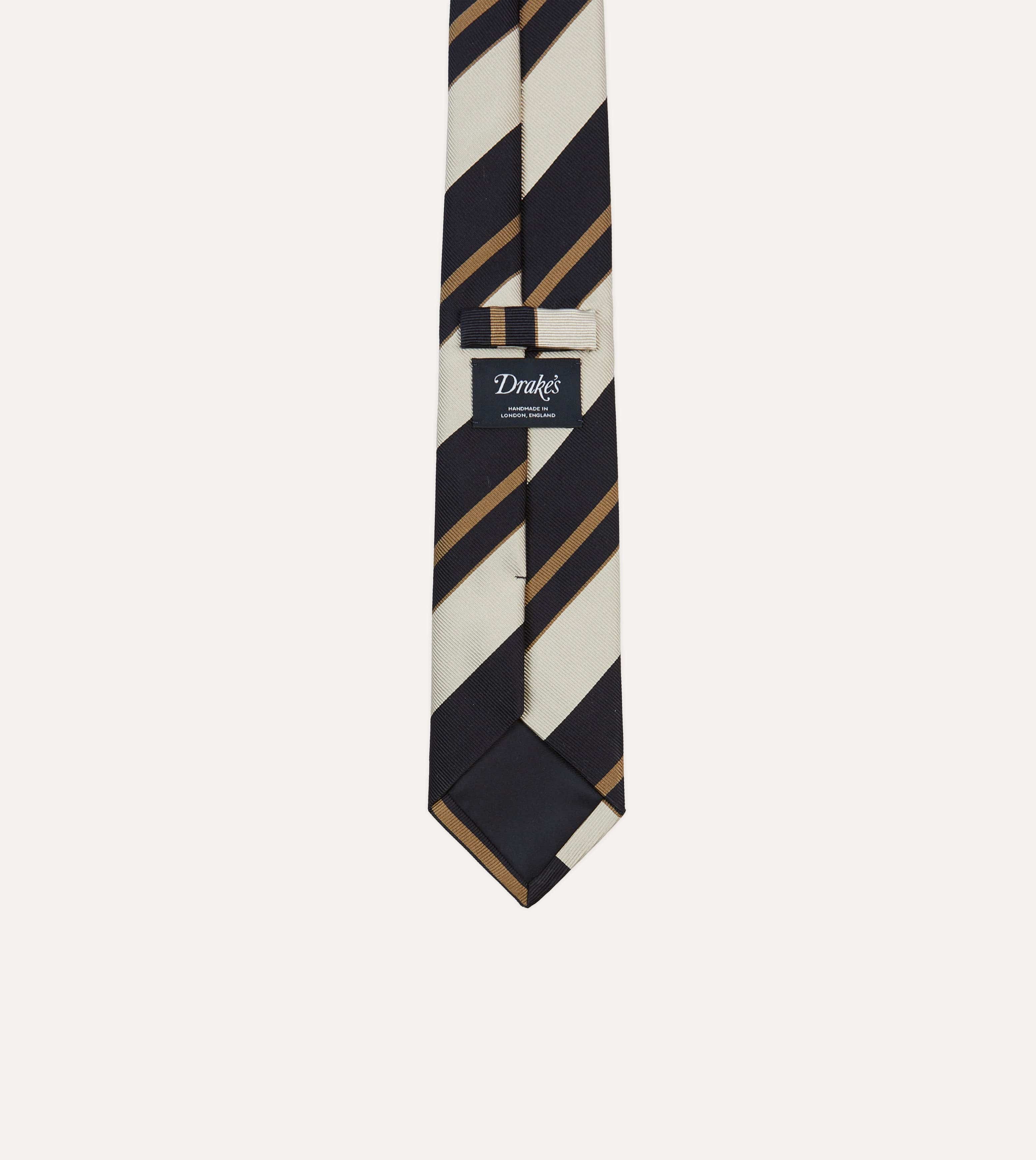 Navy, White and Fawn Stripe Repp Silk Tipped Tie - Image 4