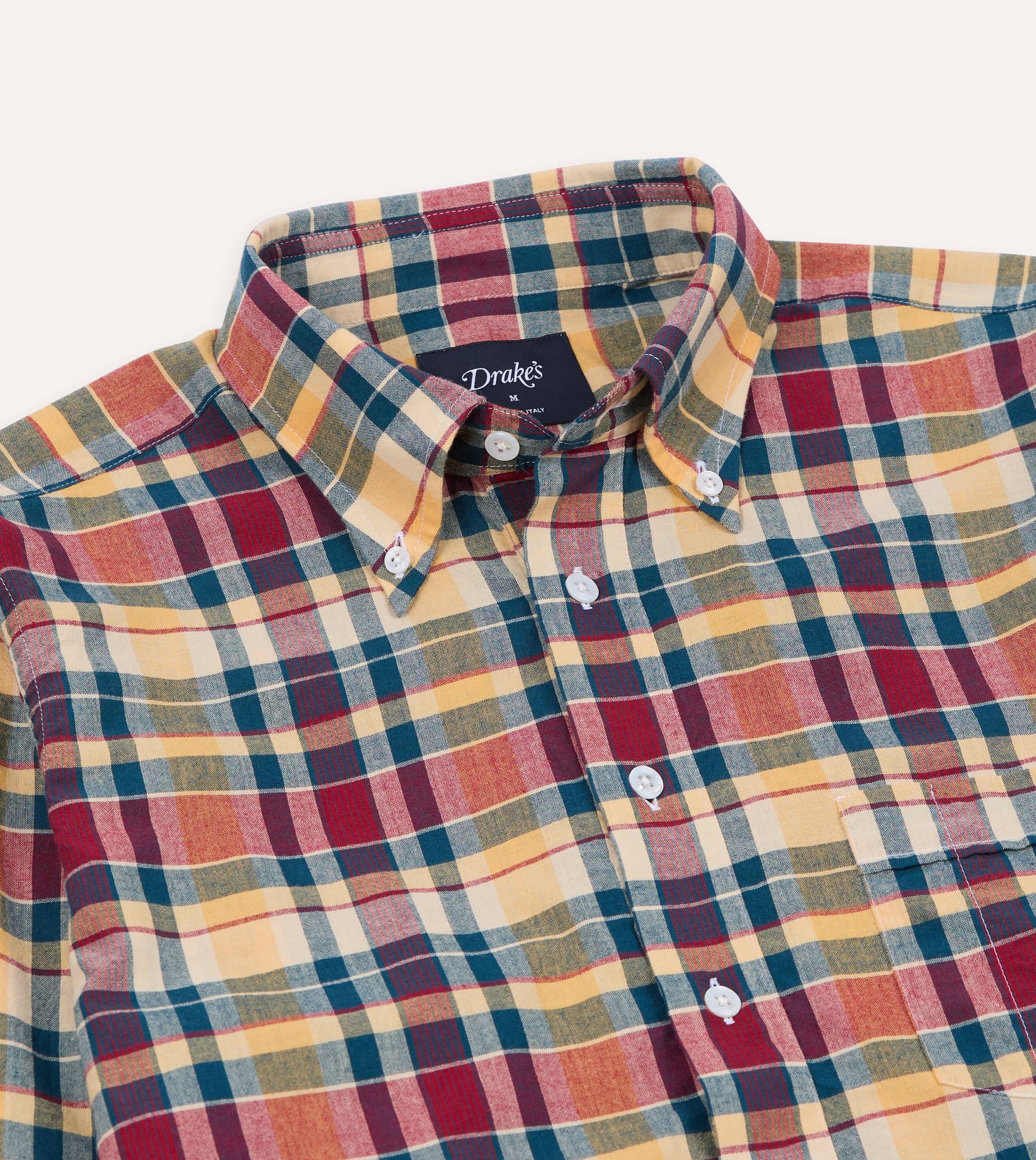 Navy, Yellow and Red Madras Check Cotton Button-Down Popover Shirt - Image 6