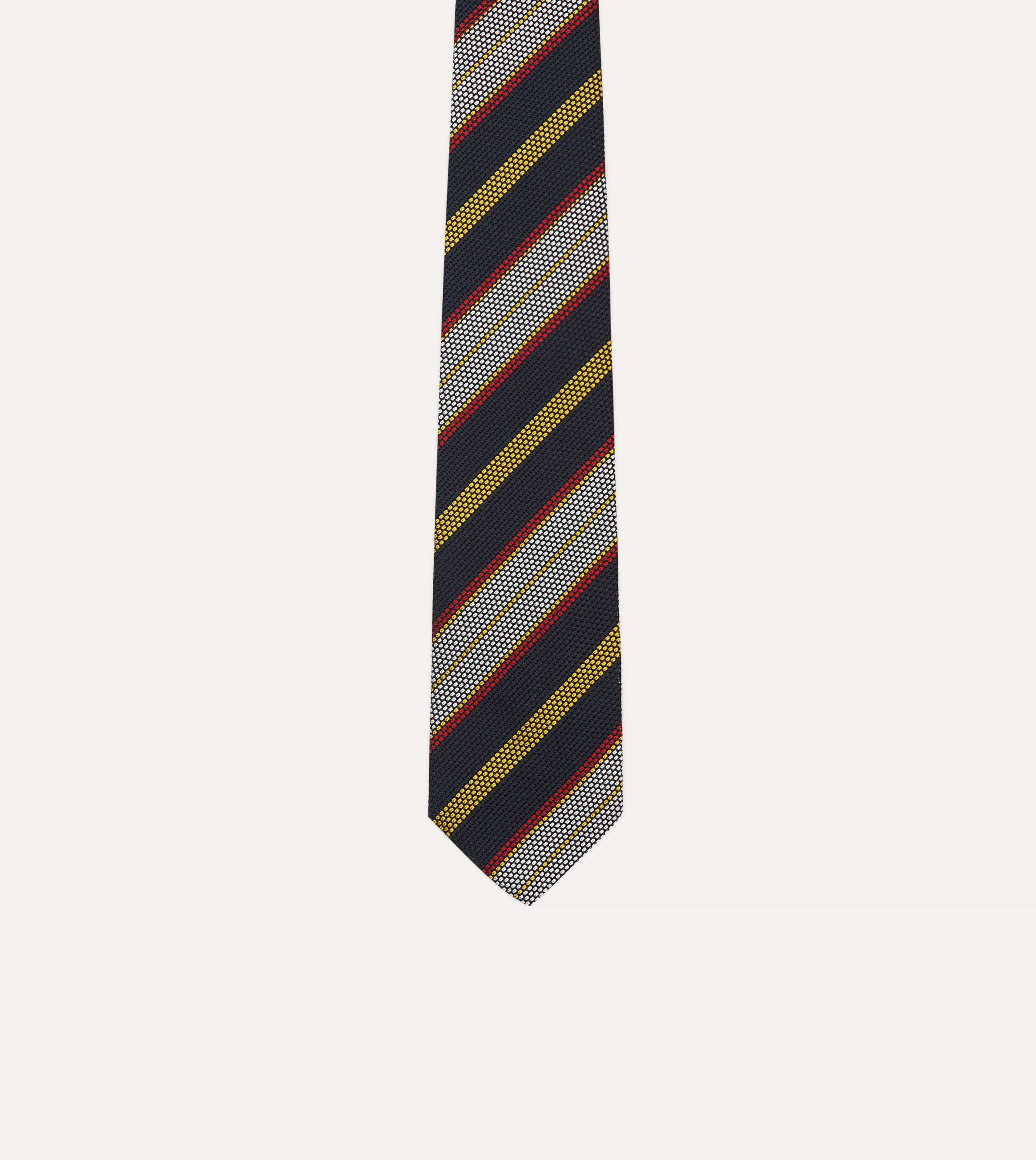 Navy, Yellow, Red and White Multi Stripe Tipped Silk Grenadine Tie - Image 3