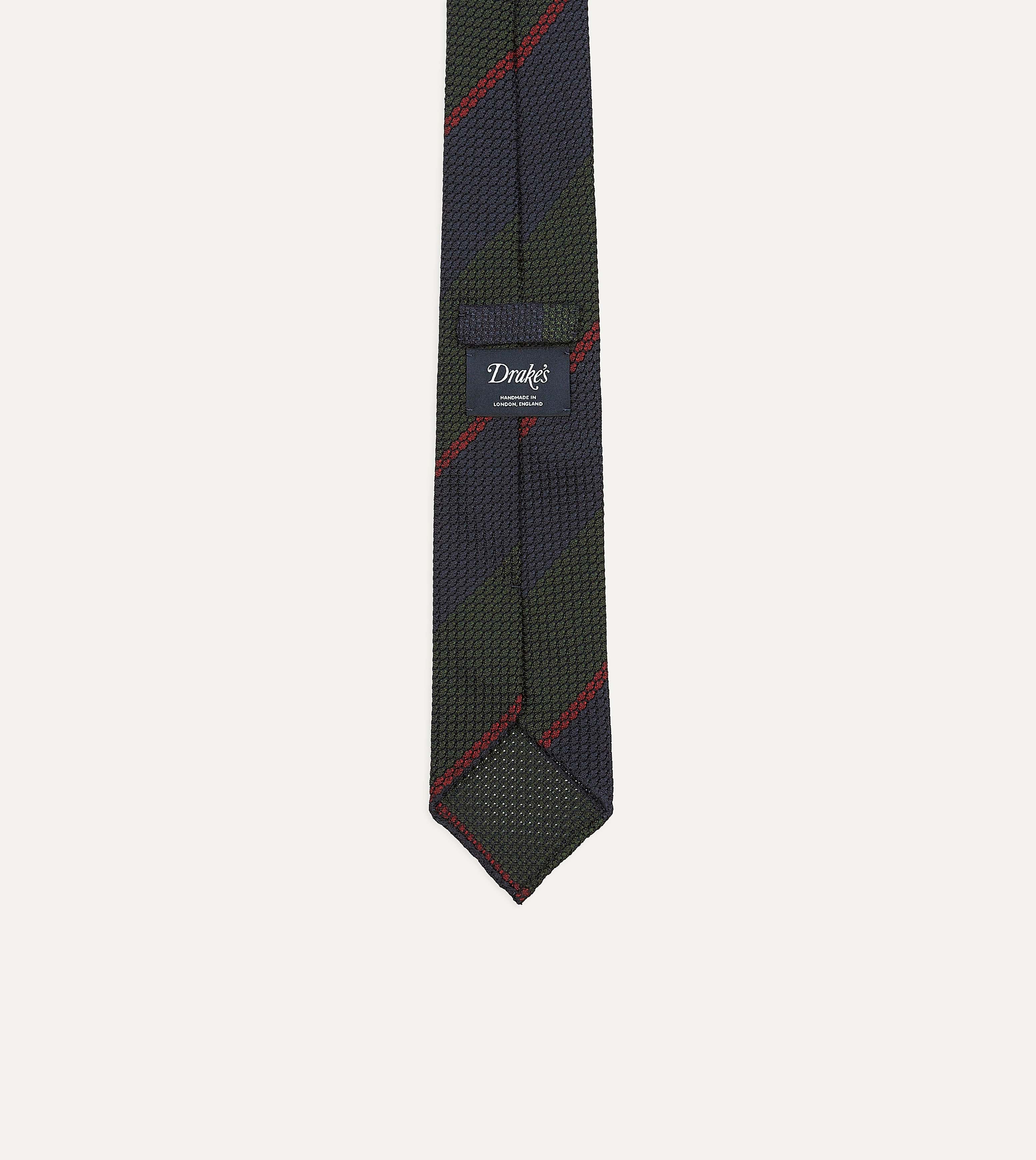 Olive and Red Block Stripe Hand Rolled Silk Grenadine Tie - Image 4