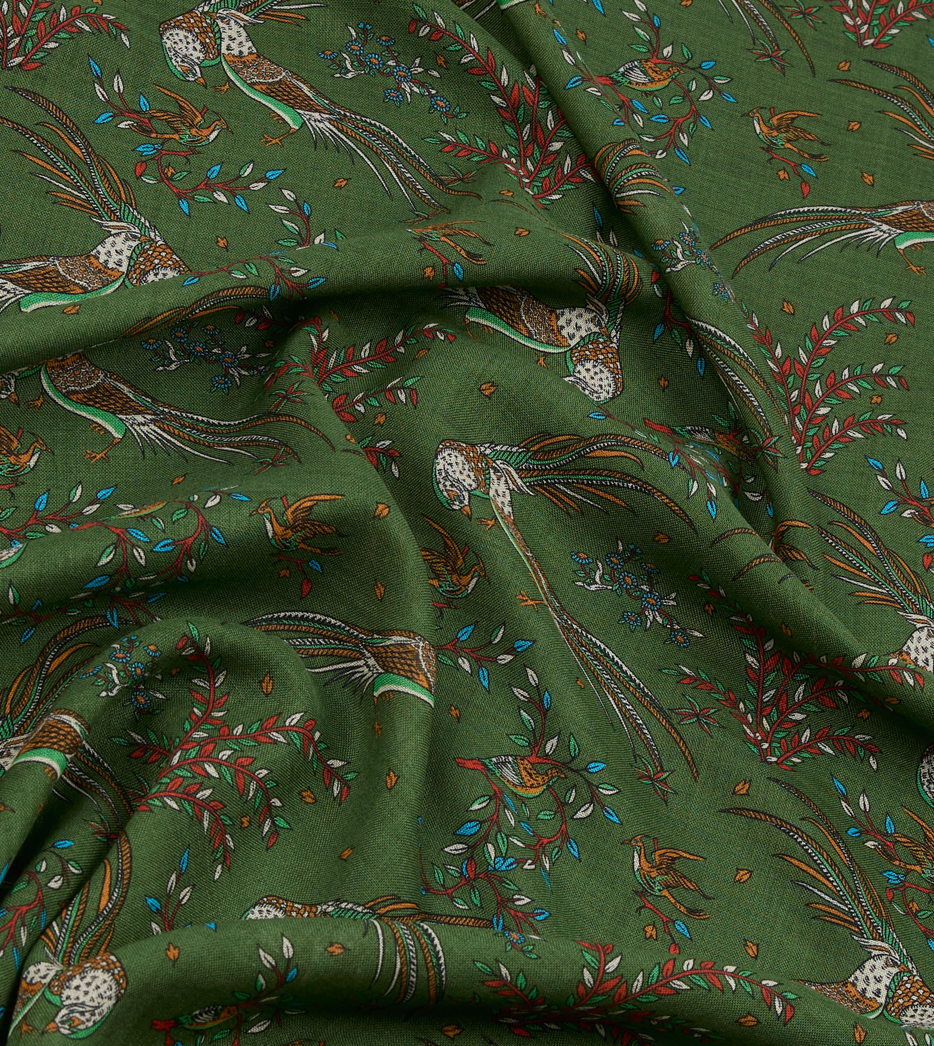 Olive Birds of Paradise Print Wool Silk Scarf - Image 2